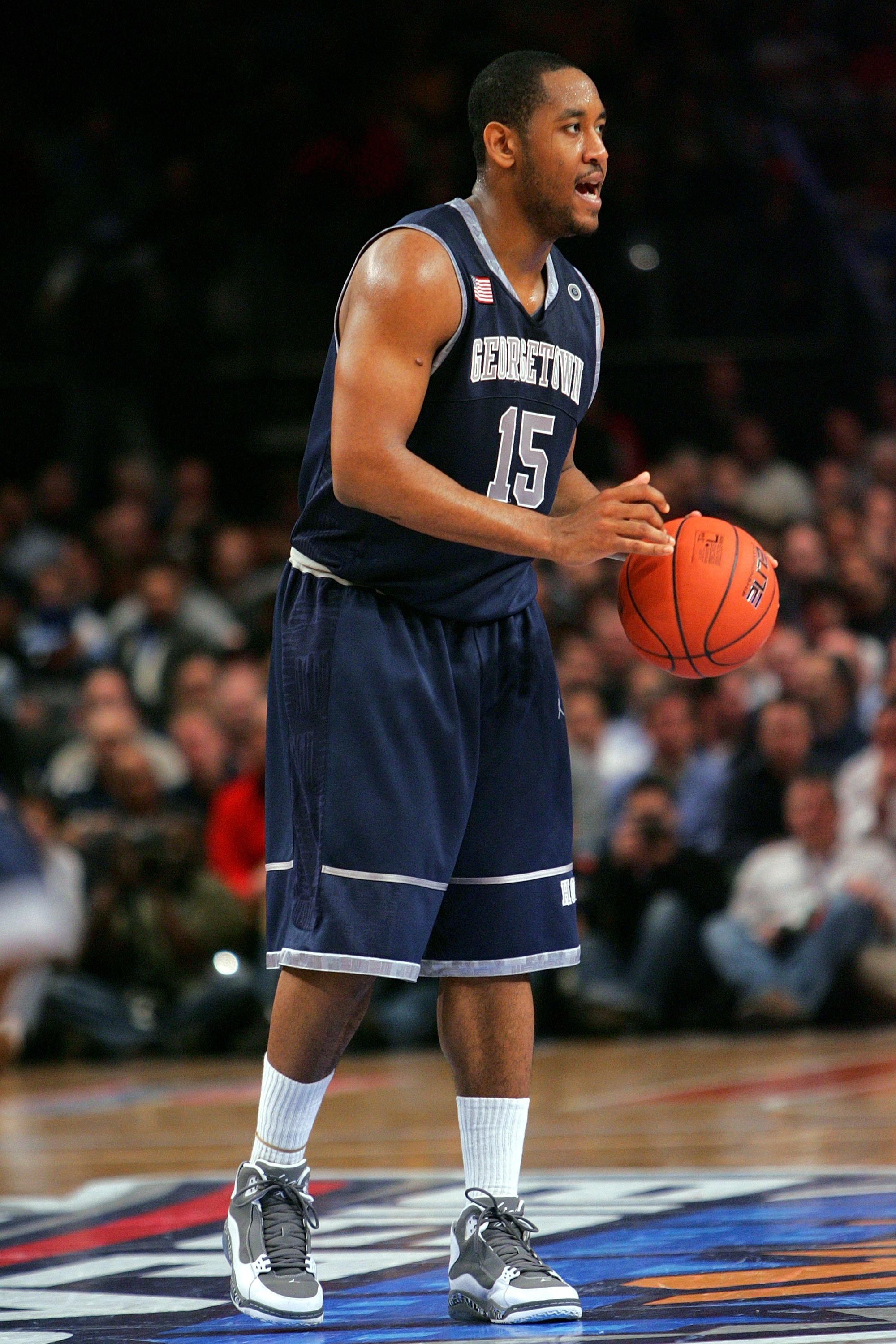 NEW YORK - MARCH 11:  Austin Freeman #15 of the Georgetown Hoyas handles the ball against the Syracuse Orange during the quarterfinal of the 2010 NCAA Big East Tournament at Madison Square Garden on March 11, 2010 in New York City.  (Photo by Chris Trotma