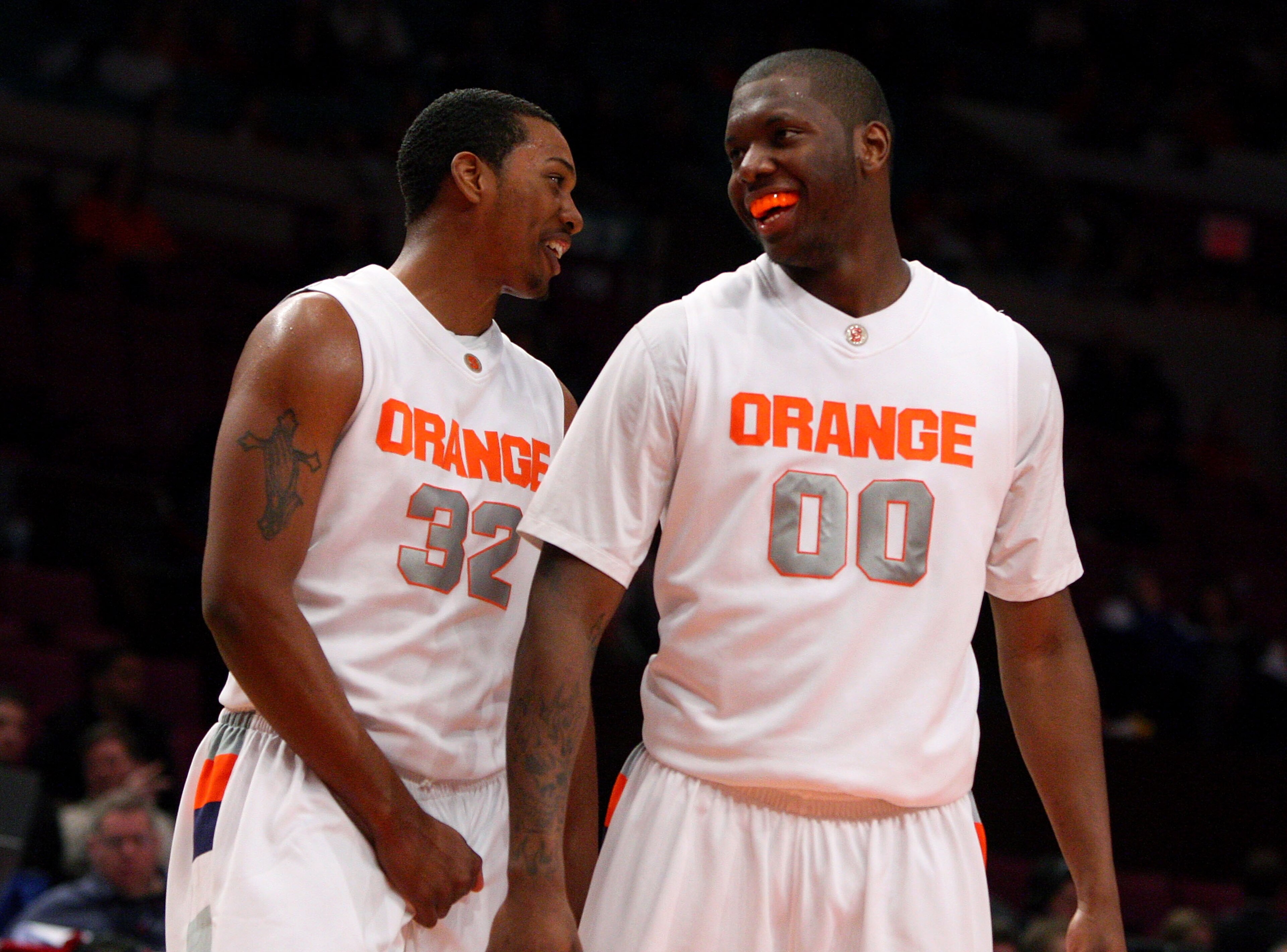 NEW YORK - MARCH 11: Kris Joseph #32 and Rick Jackson #00 of the Syracuse Orange react between plays against the Seton Hall Pirates during the second round of the Big East Tournament at Madison Square Garden on March 11, 2009 in New York City. (Photo by NEW YORK - MARCH 11: Kris Joseph #32 and Rick Jackson #00 of the Syracuse Orange react between plays against the Seton Hall Pirates during the second round of the Big East Tournament at Madison Square Garden on March 11, 2009 in New York City. (Photo by