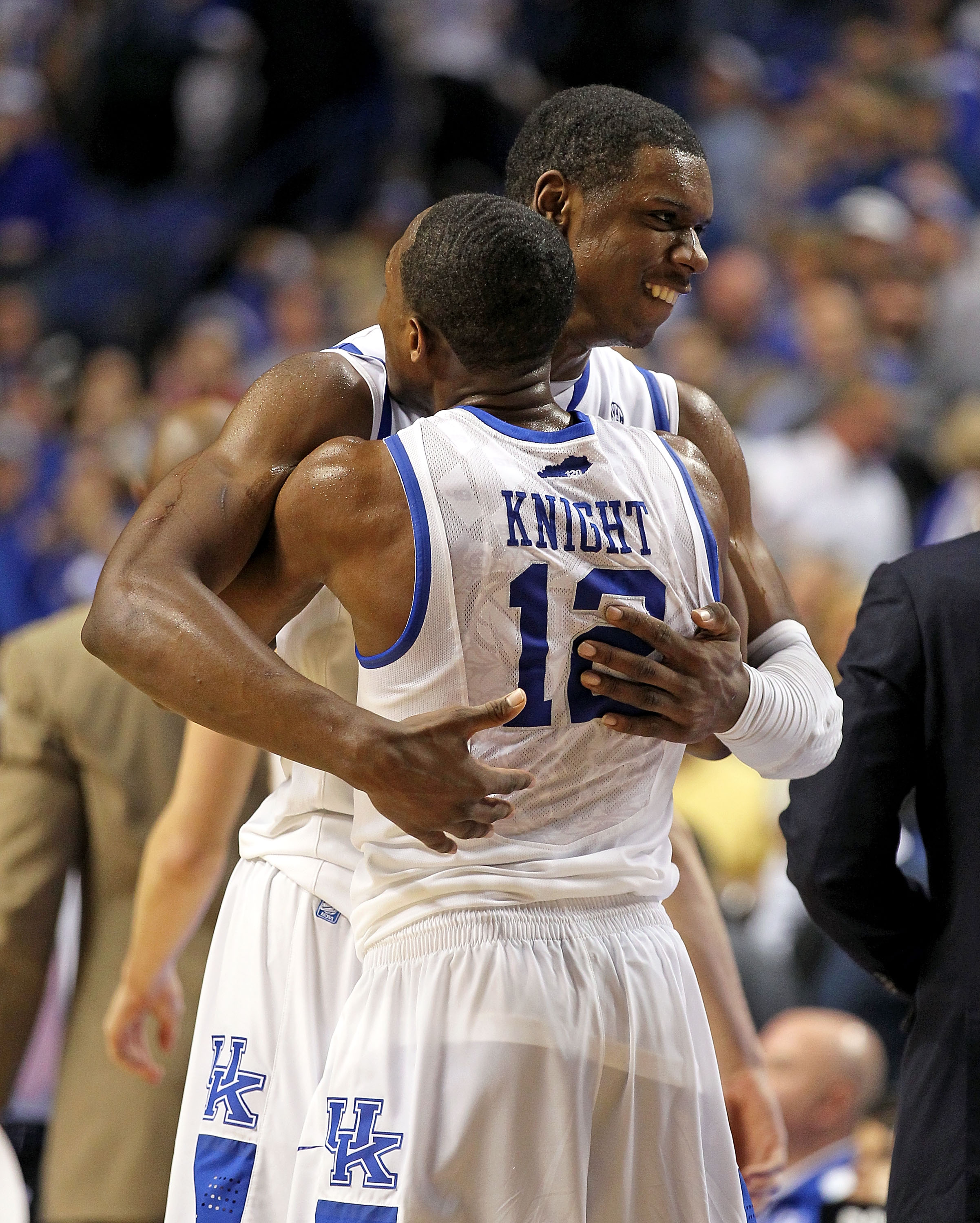 LEXINGTON, KY - DECEMBER 11:  Terrence Jones #3 and Brandon Knight #12 of the Kentucky Wildcats celebrate their 81-62 victory over the Indiana Hoosiers on December 11, 2010 in Lexington, Kentucky.  (Photo by Andy Lyons/Getty Images)