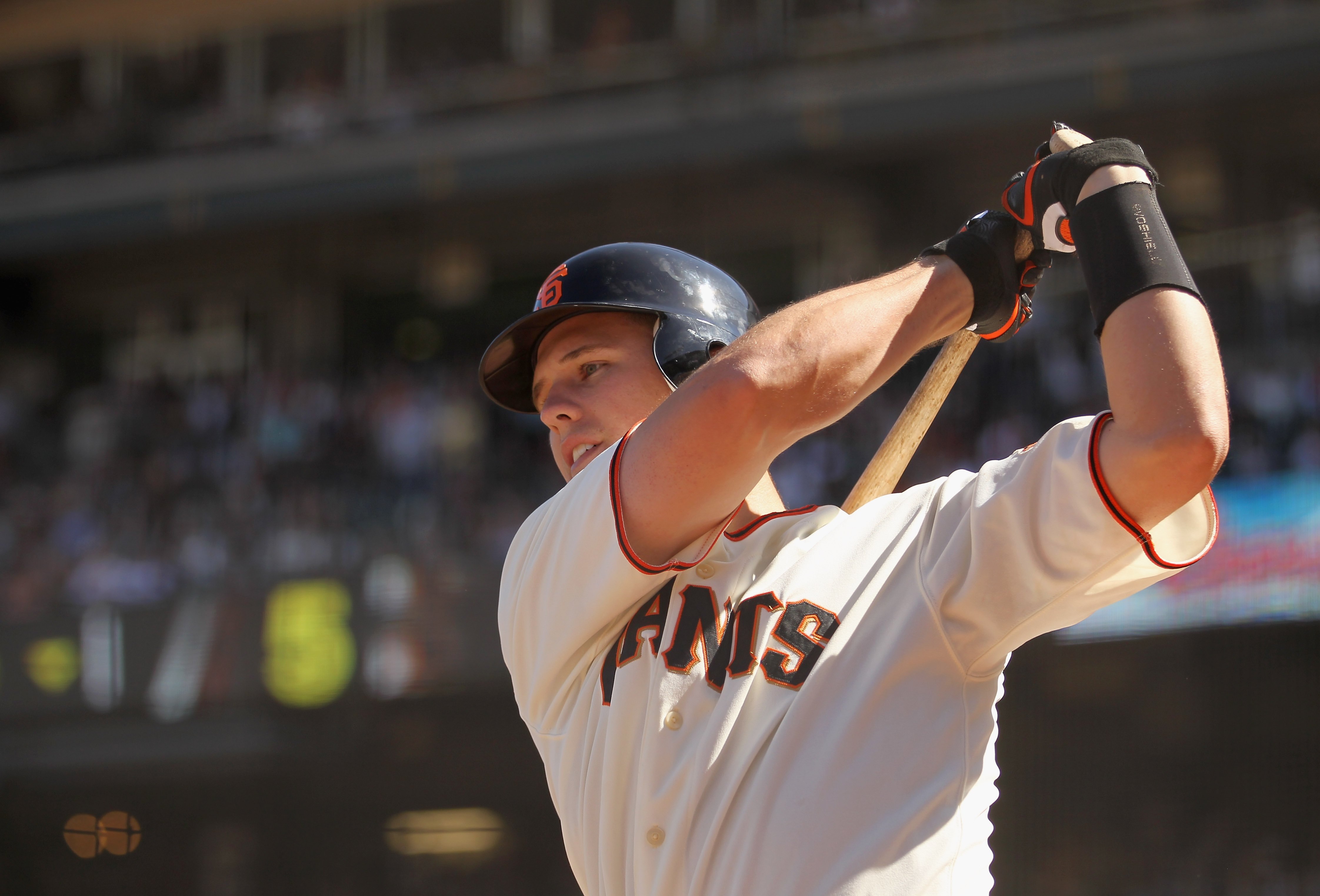 SAN FRANCISCO - MAY 30:  Buster Posey #28 of the San Francisco Giants waits to bat against the Arizona Diamondbacks at AT&T Park on May 30, 2010 in San Francisco, California.  (Photo by Ezra Shaw/Getty Images)
