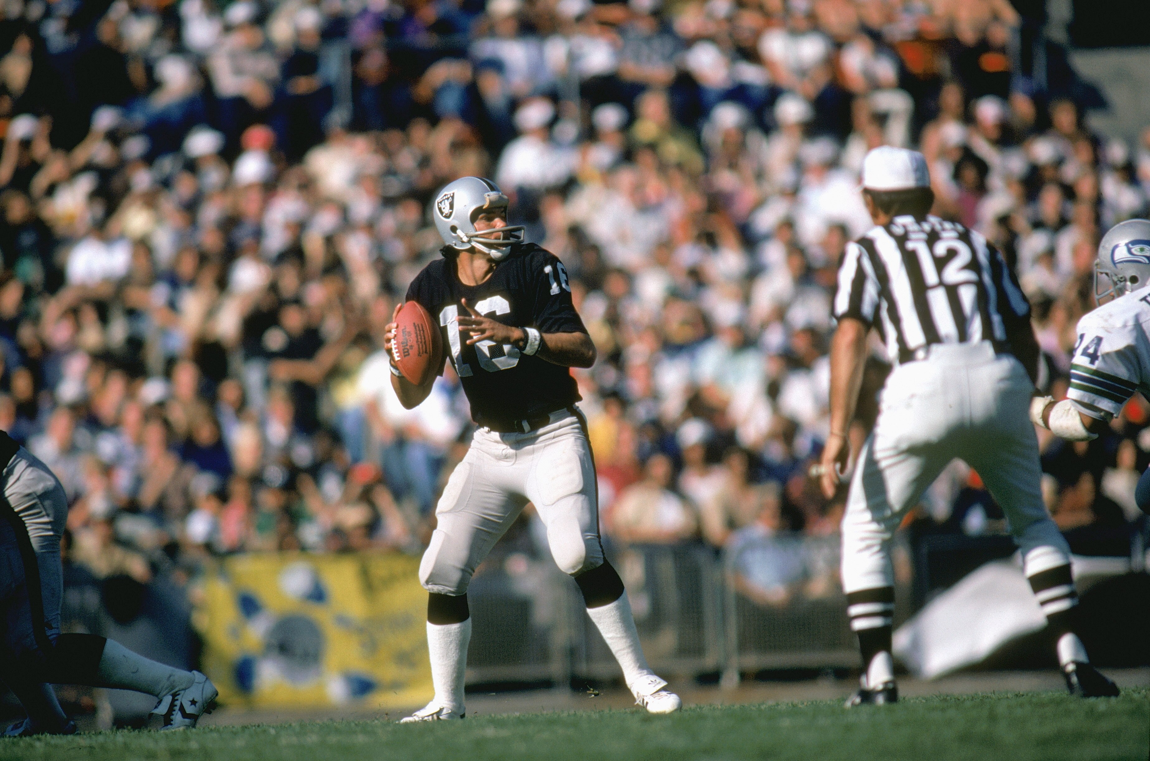 LOS ANGELES, CA - UNDATED:  Quarterback Jim Plunkett #16 of the Los Angeles Raiders falls back to pass during a NFL game against the Seattle Seahawks at Los Angeles Coliseum in Los Angeles, California. Jim Plunkett played for the Los Angeles Raiders from