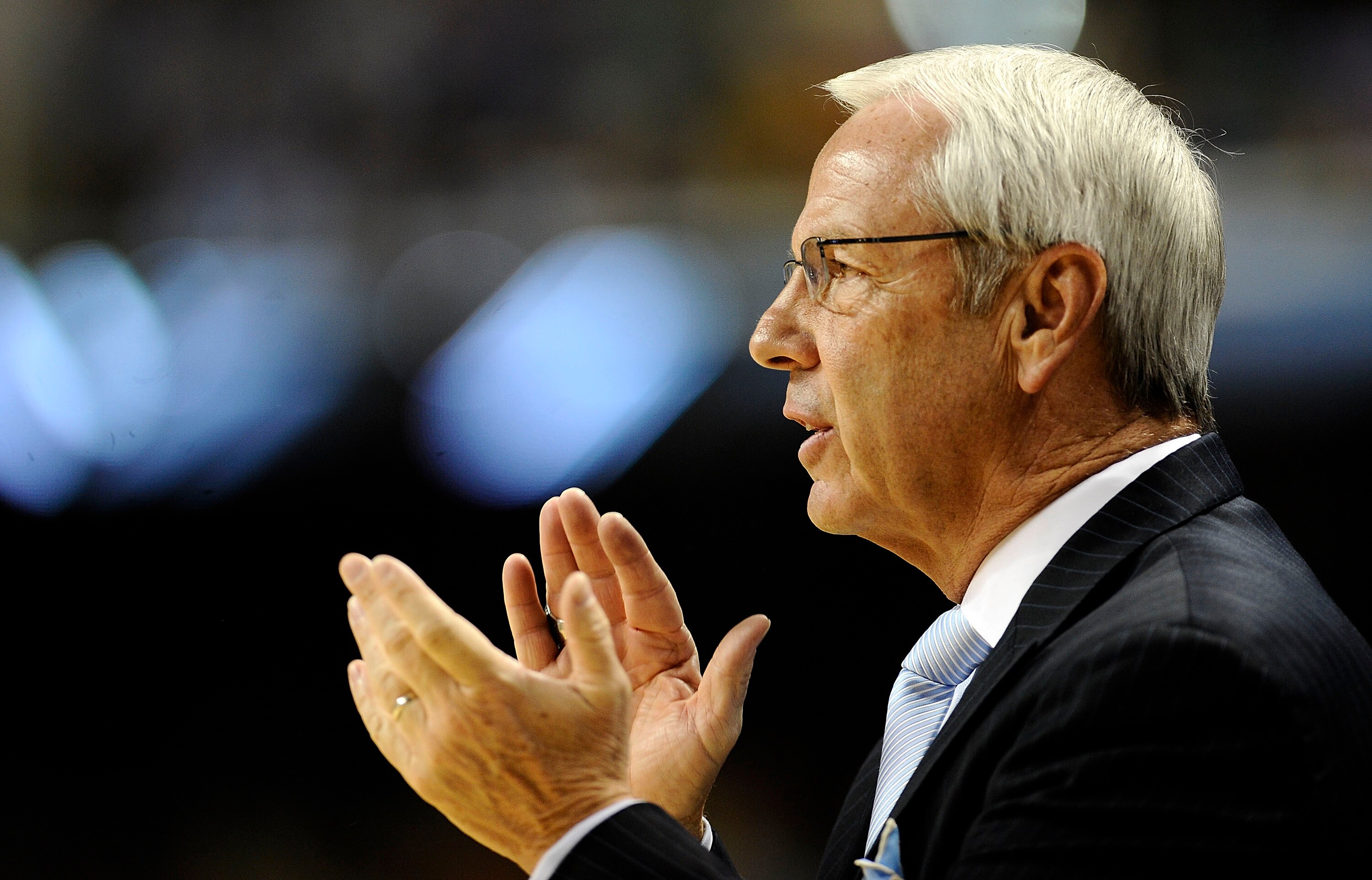 GREENSBORO, NC - MARCH 11:  Roy Williams, head coach of the University of the North Carolina Tarheels coaches in their first round game against the Georgia Tech Yellow Jackets in the 2010 ACC Men's Basketball Tournament at the Greensboro Coliseum on March