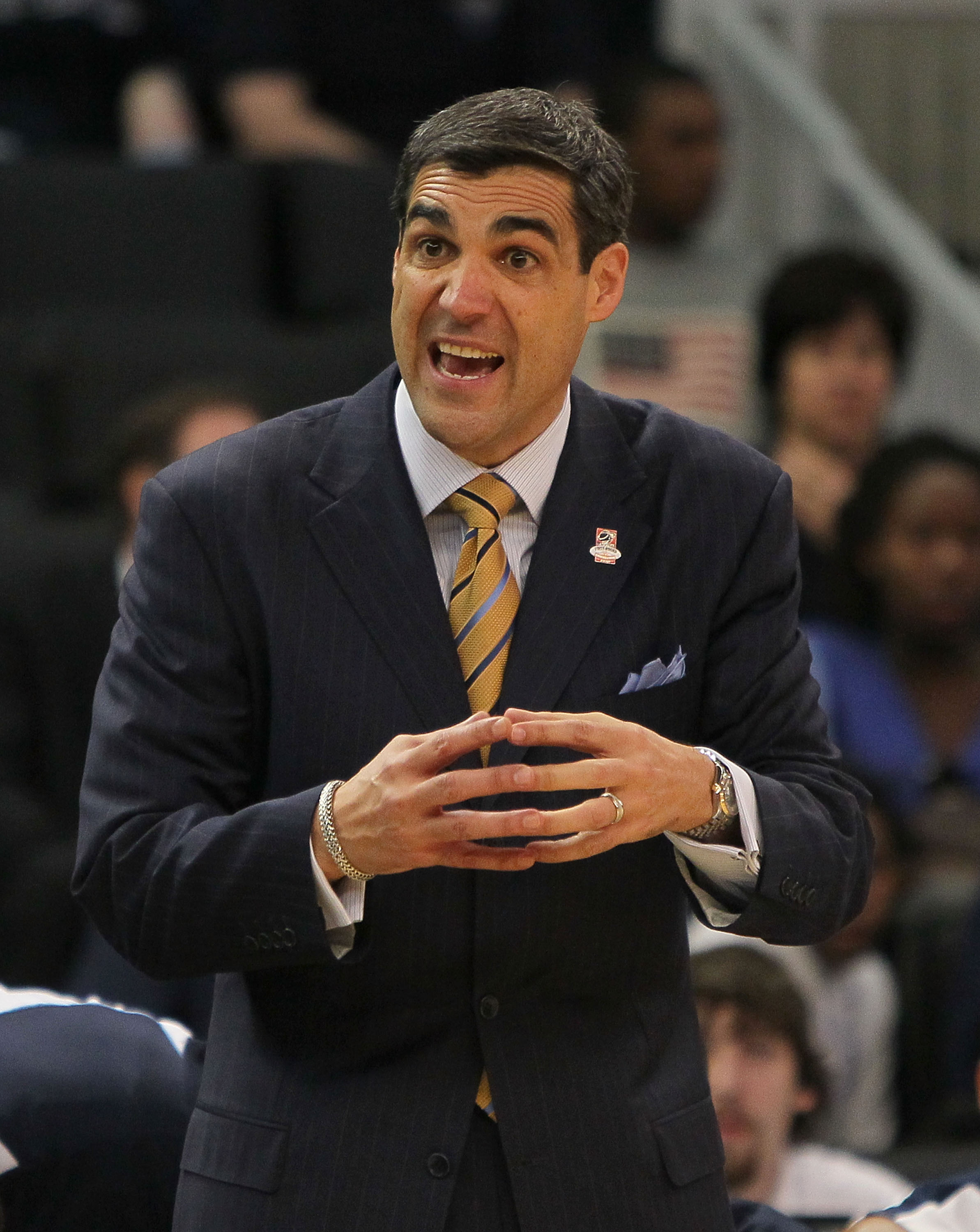 PROVIDENCE, RI - MARCH 18:  Coach Jay Wright reacts against the Villanova Wildcats against the Robert Morris Colonials during the first round of the NCAA men's basketball tournament at Dunkin' Donuts Center on March 18, 2010 in Providence, Rhode Island. (