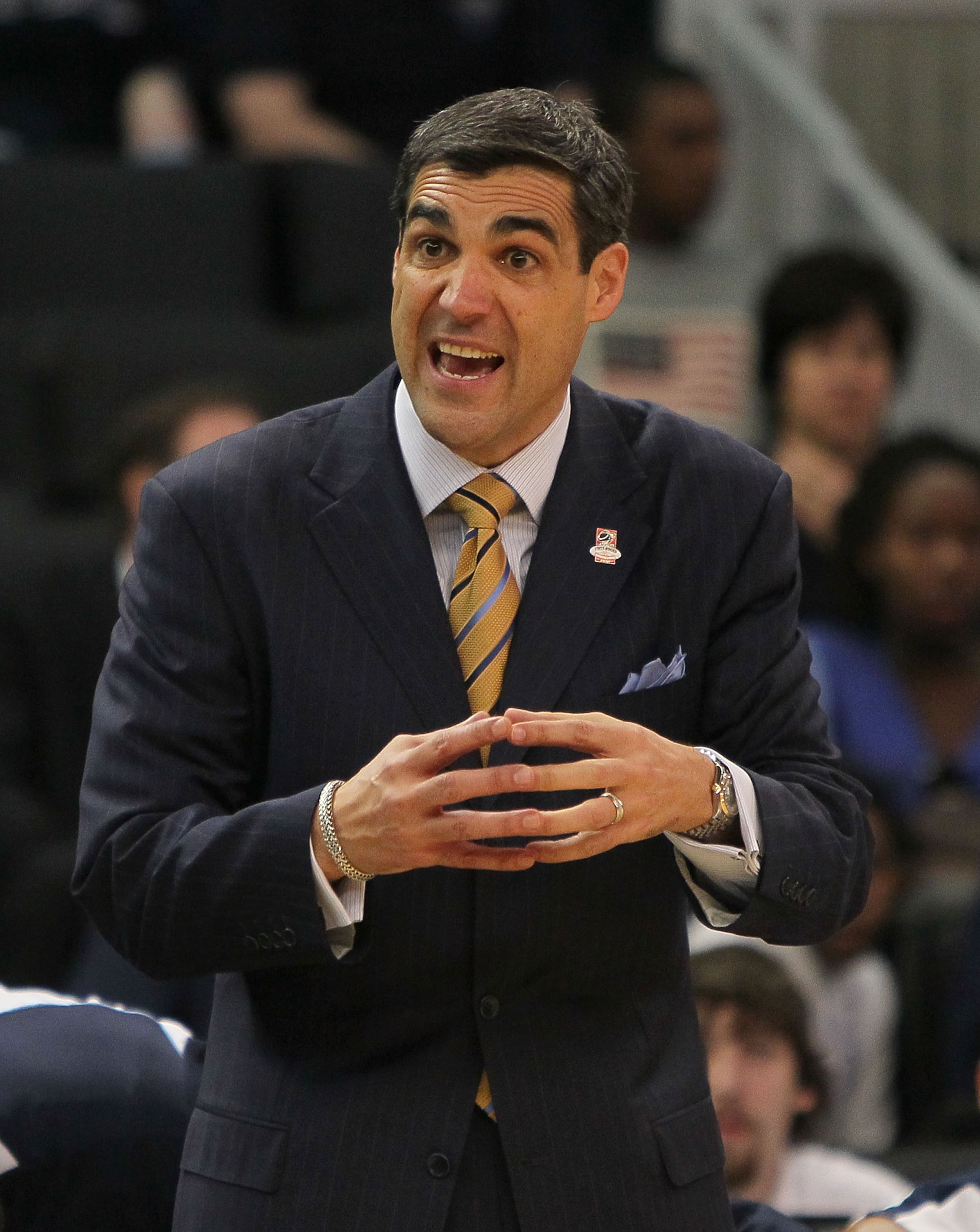 PROVIDENCE, RI - MARCH 18:  Coach Jay Wright reacts against the Villanova Wildcats against the Robert Morris Colonials during the first round of the NCAA men's basketball tournament at Dunkin' Donuts Center on March 18, 2010 in Providence, Rhode Island. (