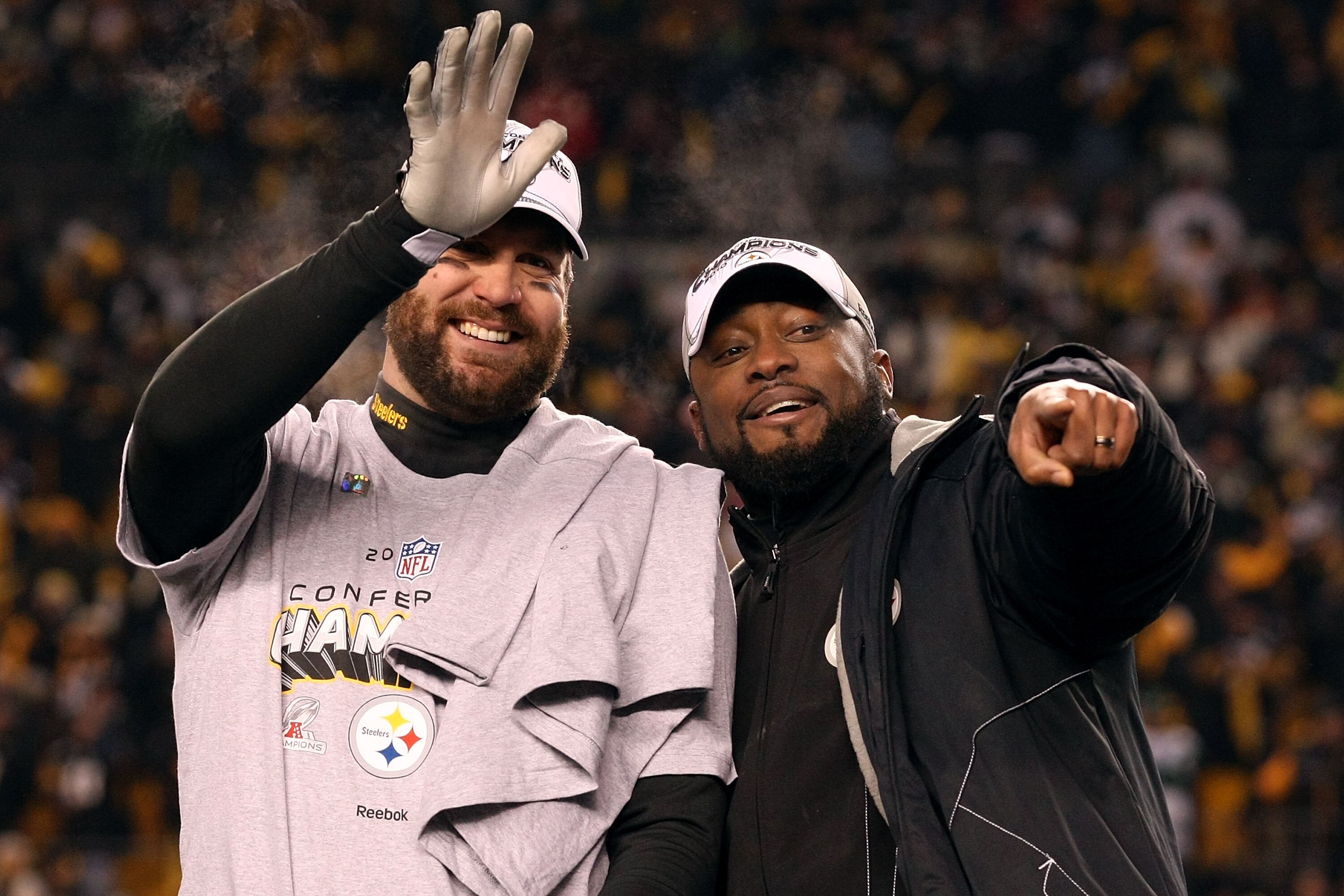 PITTSBURGH, PA - JANUARY 23: Ben Roethlisberger #7 and head coach Mike Tomlin of the Pittsburgh Steelers celebrate their 24 to 19 win over the New York Jets in the 2011 AFC Championship game at Heinz Field on January 23, 2011 in Pittsburgh, Pennsylvania. PITTSBURGH, PA - JANUARY 23: Ben Roethlisberger #7 and head coach Mike Tomlin of the Pittsburgh Steelers celebrate their 24 to 19 win over the New York Jets in the 2011 AFC Championship game at Heinz Field on January 23, 2011 in Pittsburgh, Pennsylvania.