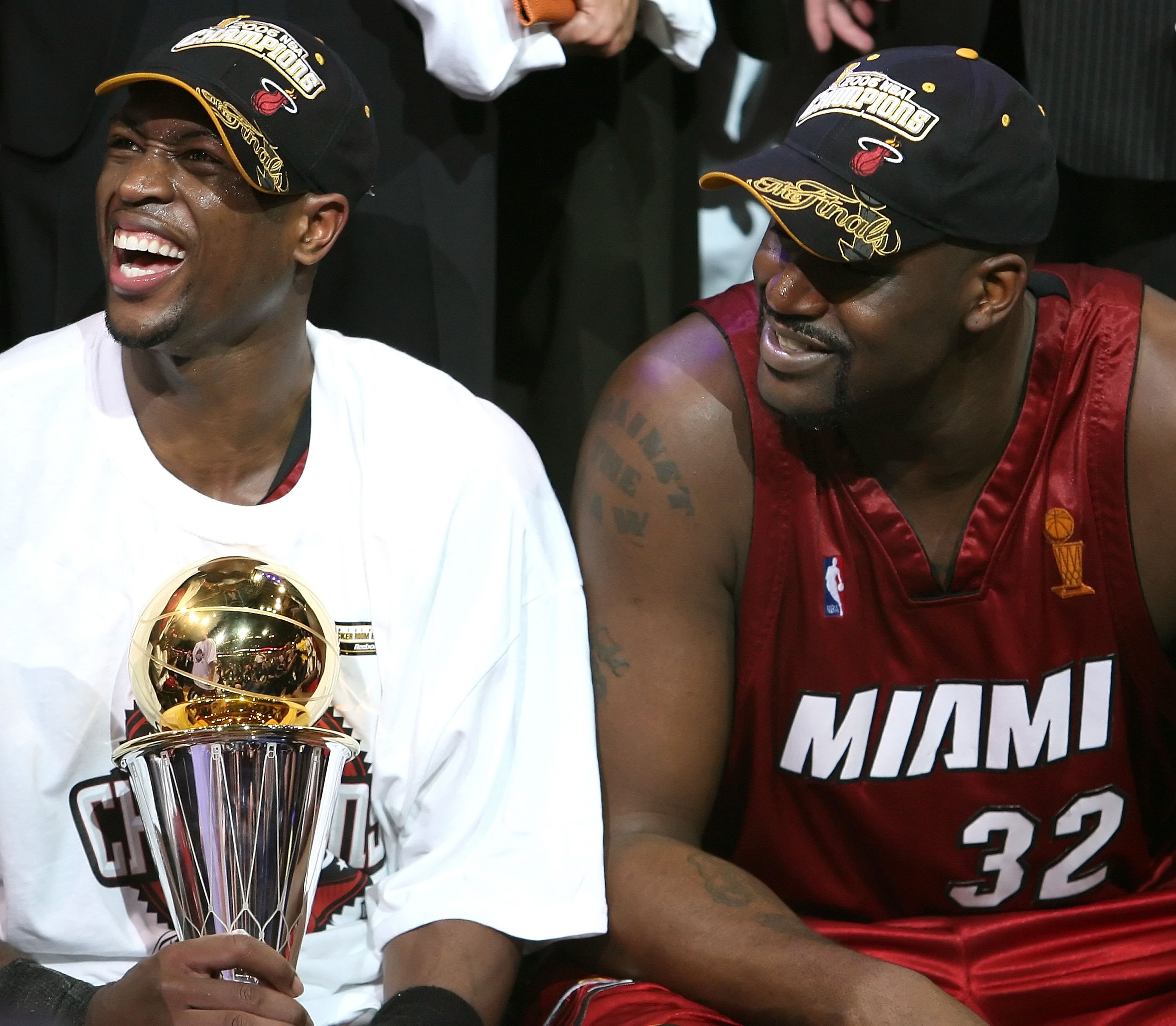 DALLAS - JUNE 20: Series MVP Dwyane Wade #3 and Shaquille O'Neal #32 of the Miami Heat celebrate together after the Heat defeated the Dallas Mavericks in game six of the 2006 NBA Finals on June 20, 2006 at American Airlines Center in Dallas, Texas. The DALLAS - JUNE 20: Series MVP Dwyane Wade #3 and Shaquille O'Neal #32 of the Miami Heat celebrate together after the Heat defeated the Dallas Mavericks in game six of the 2006 NBA Finals on June 20, 2006 at American Airlines Center in Dallas, Texas. The