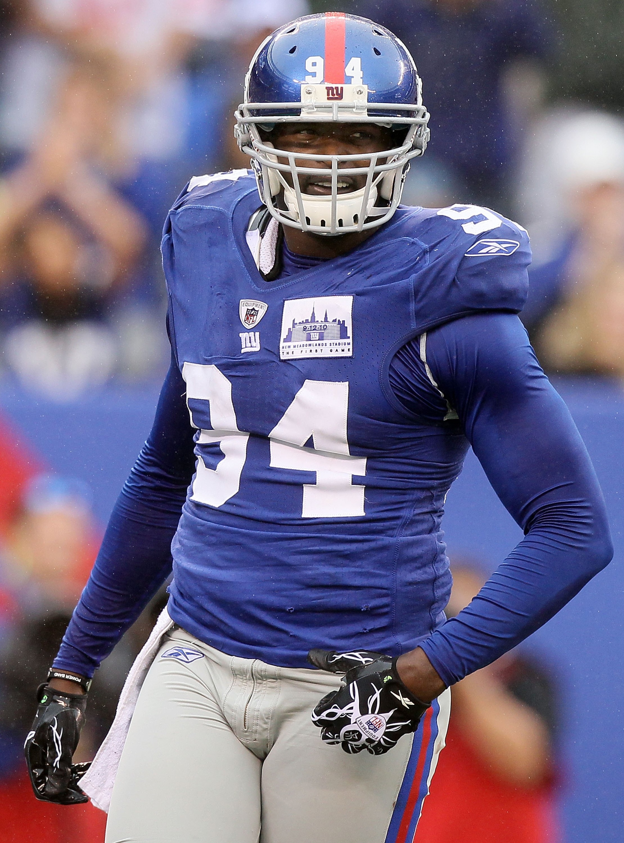 EAST RUTHERFORD, NJ - SEPTEMBER 12:  Mathias Kiwanuka #94 of the New York Giants looks on against the Carolina Panthers on September 12, 2010 at the New Meadowlands Stadium in East Rutherford, New Jersey. The Giants defeated the Panthers 31-18.  (Photo by