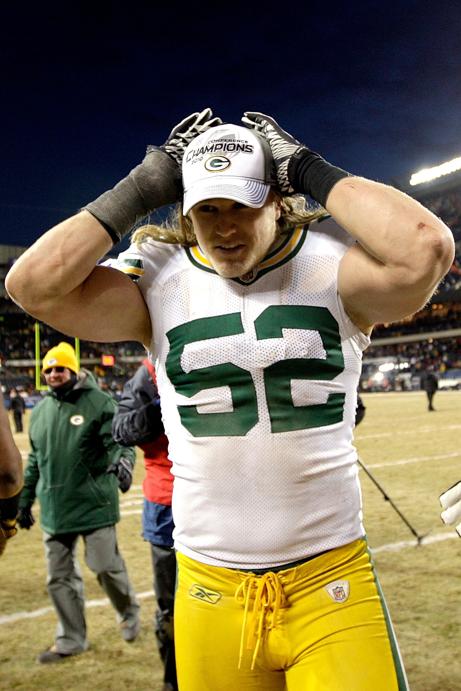 CHICAGO, IL - JANUARY 23:  Clay Matthews #52 of the Green Bay Packers reacts after the Packers 21-14 victory against the Chicago Bears in the NFC Championship Game at Soldier Field on January 23, 2011 in Chicago, Illinois.  (Photo by Jamie Squire/Getty Im