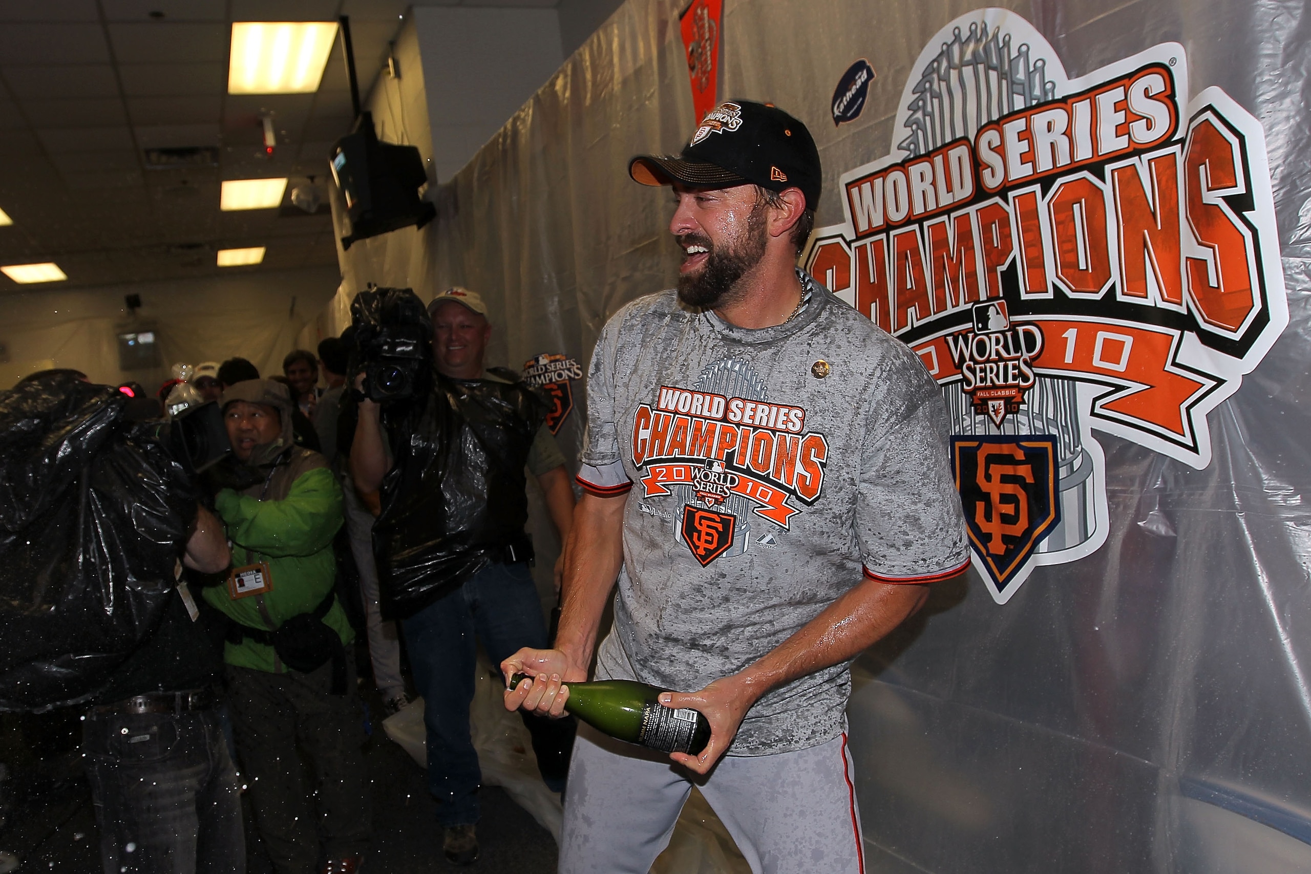 ARLINGTON, TX - NOVEMBER 01: Jeremy Affeldt of the San Francisco Giants celebrates in the locker room after the Giants won 3-1 against the Texas Rangers in Game Five of the 2010 MLB World Series at Rangers Ballpark in Arlington on November 1, 2010 in Arl ARLINGTON, TX - NOVEMBER 01: Jeremy Affeldt of the San Francisco Giants celebrates in the locker room after the Giants won 3-1 against the Texas Rangers in Game Five of the 2010 MLB World Series at Rangers Ballpark in Arlington on November 1, 2010 in Arl