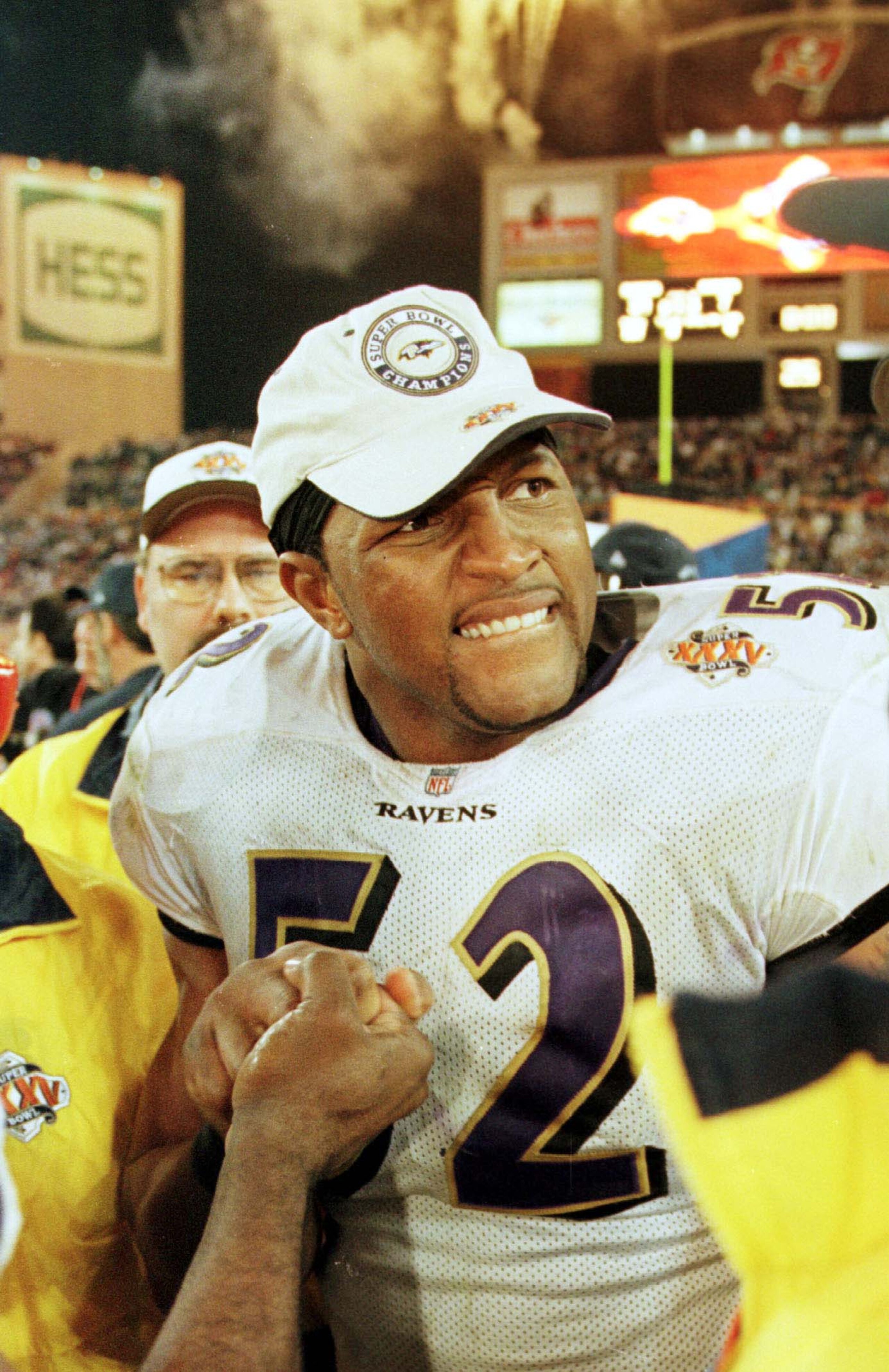 28 Jan 2001: Ray Lewis # 52 of the Baltimore Ravens shakes hands as he walks off the field after Super Bowl XXXV between the Baltimore Ravens and the New York Giants at Raymond James Stadium in Tampa, Florida. Mandatory Credit: Andy Lyons/ALLSPORT 28 Jan 2001: Ray Lewis # 52 of the Baltimore Ravens shakes hands as he walks off the field after Super Bowl XXXV between the Baltimore Ravens and the New York Giants at Raymond James Stadium in Tampa, Florida. Mandatory Credit: Andy Lyons/ALLSPORT