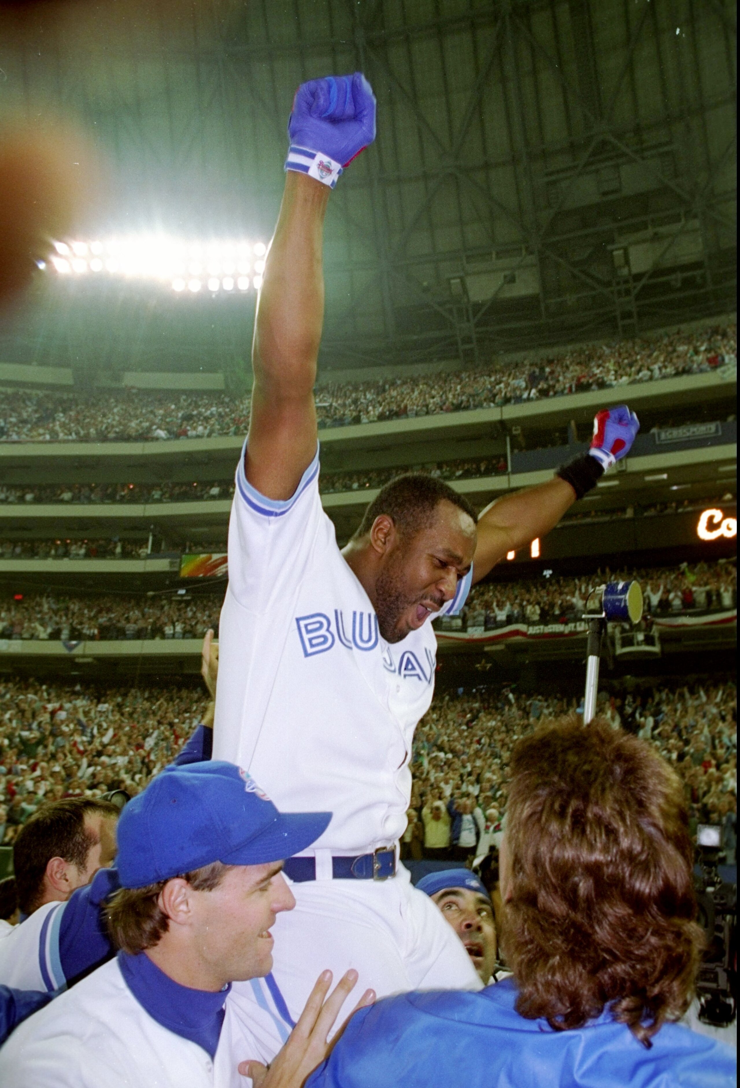 23 Oct 1993: Firrst baseman Joe Carter of the Toronto Blue Jays celebrates after the World Series against the Philadelphia Phillies at the Toronto Sky Dome in Toronto, Canada. Mandatory Credit: Rick Stewart /Allsport 23 Oct 1993: Firrst baseman Joe Carter of the Toronto Blue Jays celebrates after the World Series against the Philadelphia Phillies at the Toronto Sky Dome in Toronto, Canada. Mandatory Credit: Rick Stewart /Allsport