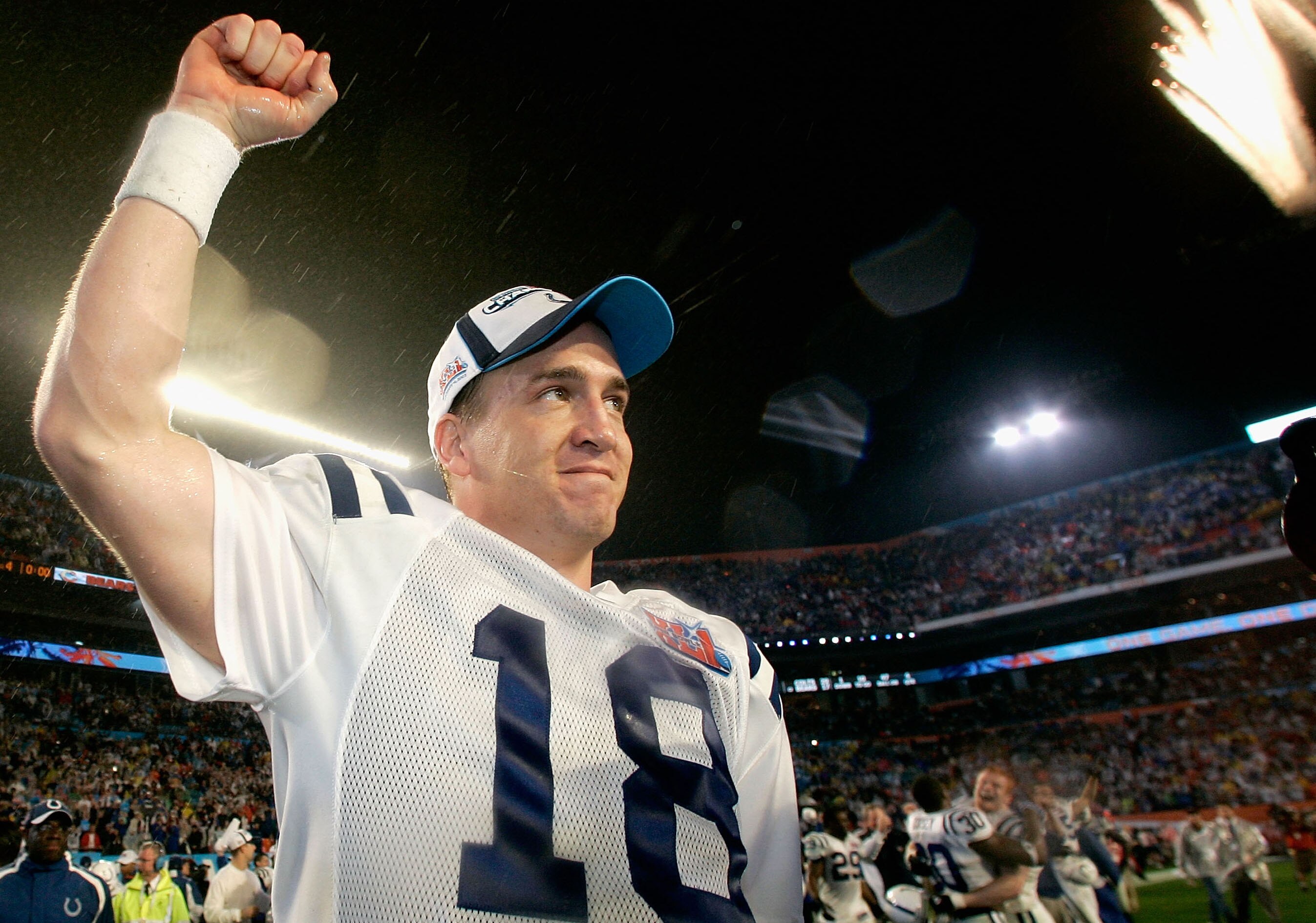 MIAMI GARDENS, FL - FEBRUARY 04:  Quarterback Peyton Manning #18 of the Indianapolis Colts celebrates winning the Super Bowl XLI qith a score of 29-17 over the Chicago Bears on February 4, 2007 at Dolphin Stadium in Miami Gardens, Florida.  (Photo by Dona