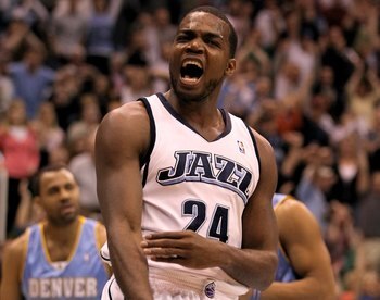 SALT LAKE CITY - APRIL 30:  Paul Millsap #24 of the Utah Jazz celebrates after making a dunk during their game against the Denver Nuggets during Game Six of the Western Conference Quarterfinals of the 2010 NBA Playoffs at EnergySolutions Arena on April 30