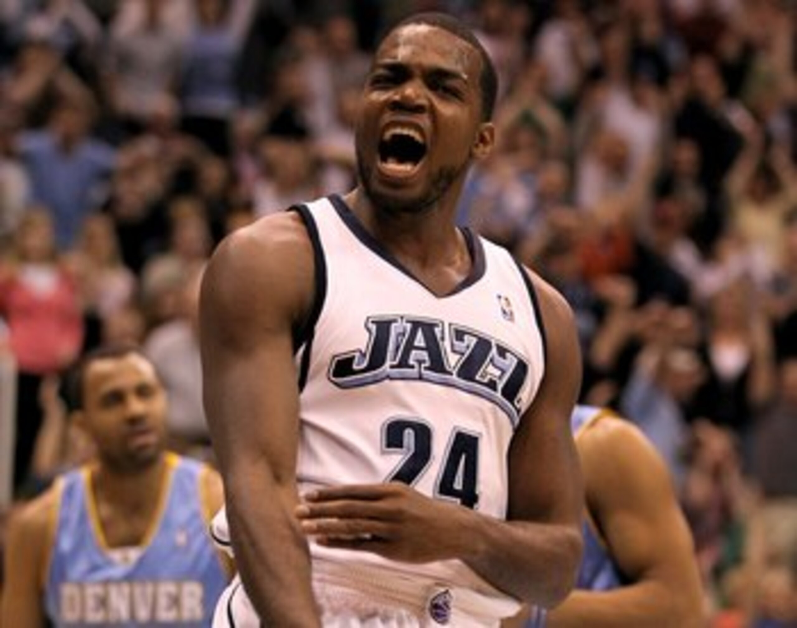 SALT LAKE CITY - APRIL 30:  Paul Millsap #24 of the Utah Jazz celebrates after making a dunk during their game against the Denver Nuggets during Game Six of the Western Conference Quarterfinals of the 2010 NBA Playoffs at EnergySolutions Arena on April 30