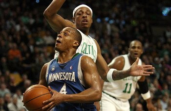 BOSTON - FEBRUARY 01:  Randy Foye #4 of Minnesota Timberwolves heads for the net as Paul Pierce #34 of the Boston Celtics defends on February 1, 2009 at TD Banknorth Garden in Boston, Massachusetts. The Celtics defeated the Timberwolves 109-101. NOTE TO U