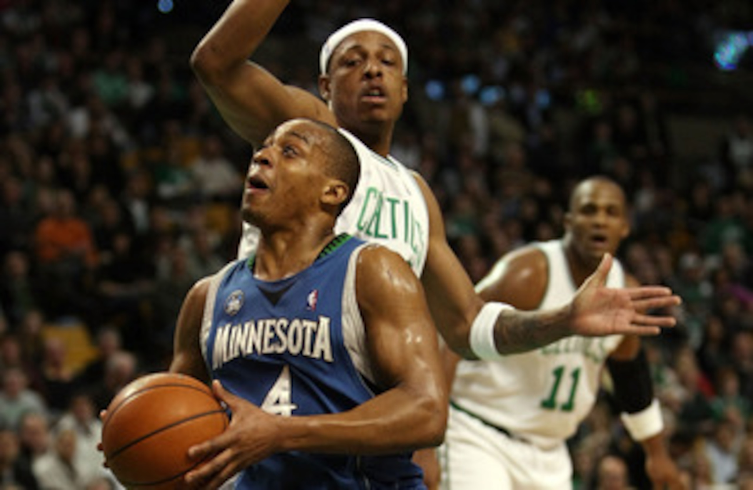BOSTON - FEBRUARY 01:  Randy Foye #4 of Minnesota Timberwolves heads for the net as Paul Pierce #34 of the Boston Celtics defends on February 1, 2009 at TD Banknorth Garden in Boston, Massachusetts. The Celtics defeated the Timberwolves 109-101. NOTE TO U