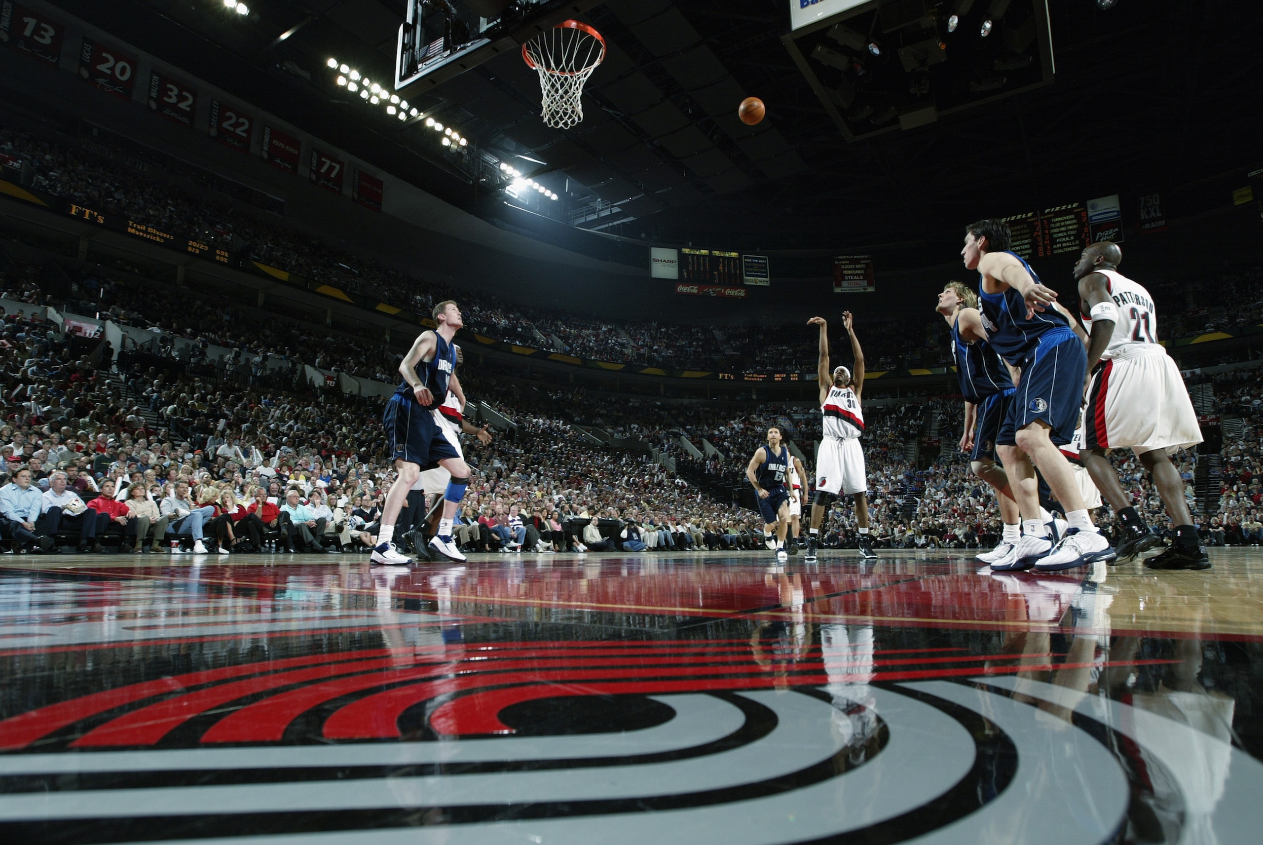 PORTLAND - APRIL 27:  Rasheed Wallace #30 of the Portland Trail Blazers shoots a free throw against the Dallas Mavericks in Game four of the Western Conference Quarterfinals during the 2003 NBA Playoffs at the Rose Garden on April 27, 2003 in Portland, Or