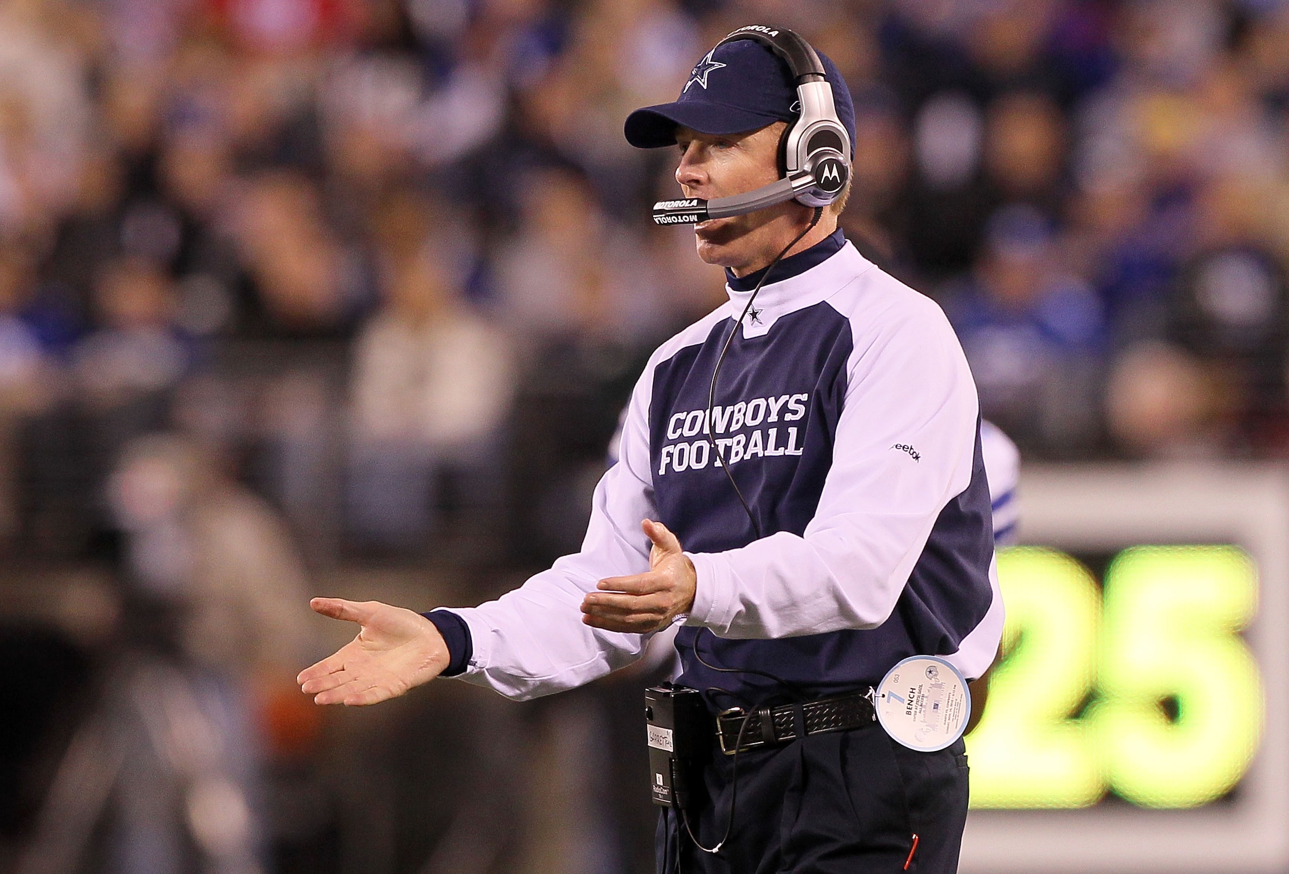 EAST RUTHERFORD, NJ - NOVEMBER 14: Head coach Jason Garrett of the Dallas Cowboys looks on from the sidelines against the New York Giants on November 14, 2010 at the New Meadowlands Stadium in East Rutherford, New Jersey.  (Photo by Jim McIsaac/Getty Imag