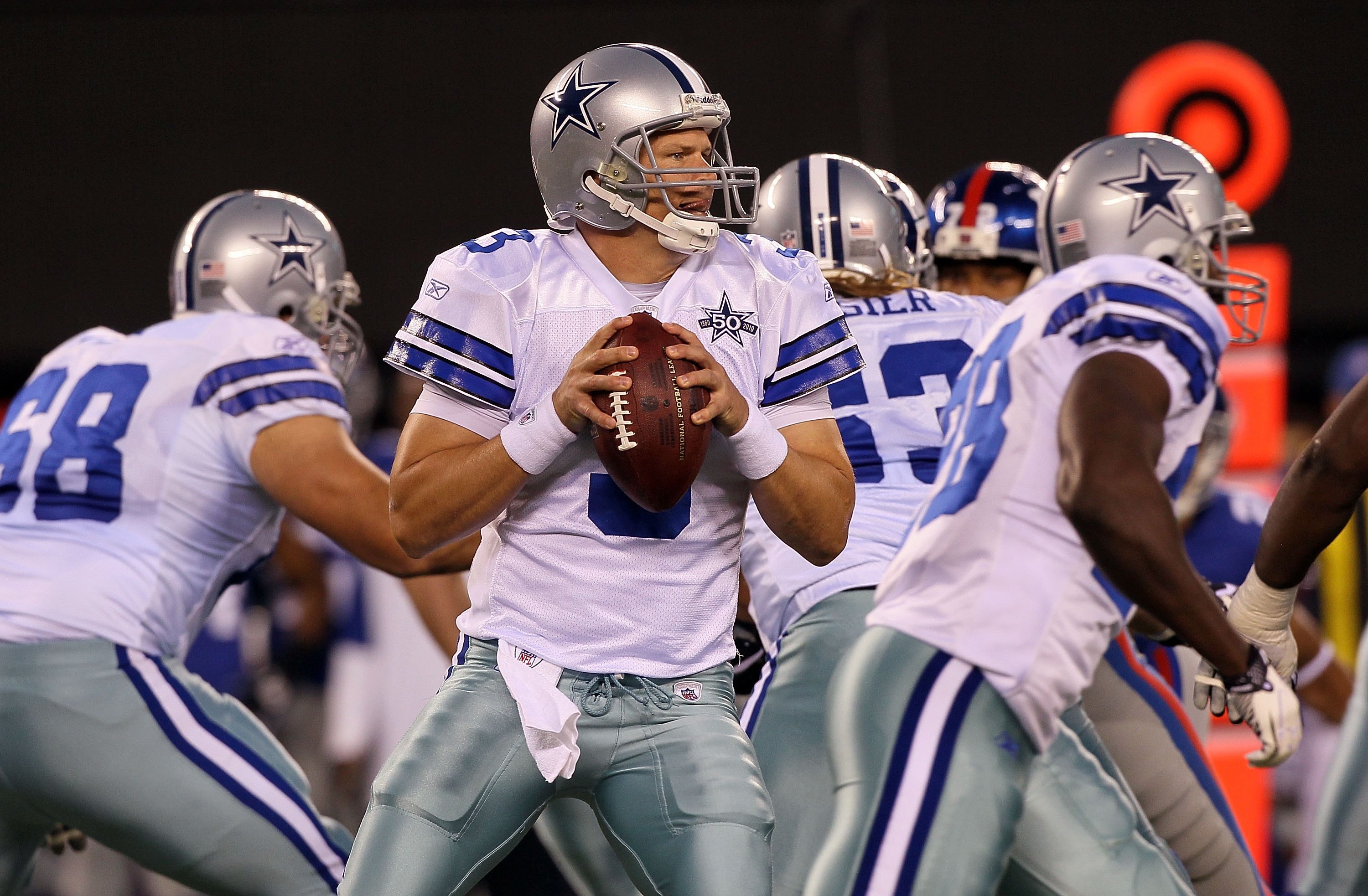 EAST RUTHERFORD, NJ - NOVEMBER 14:  Jon Kitna #3 of the Dallas Cowboys in action against the New York Giants on November 14, 2010 at the New Meadowlands Stadium in East Rutherford, New Jersey. The Cowboys defeated the Giants 33-20.  (Photo by Jim McIsaac/
