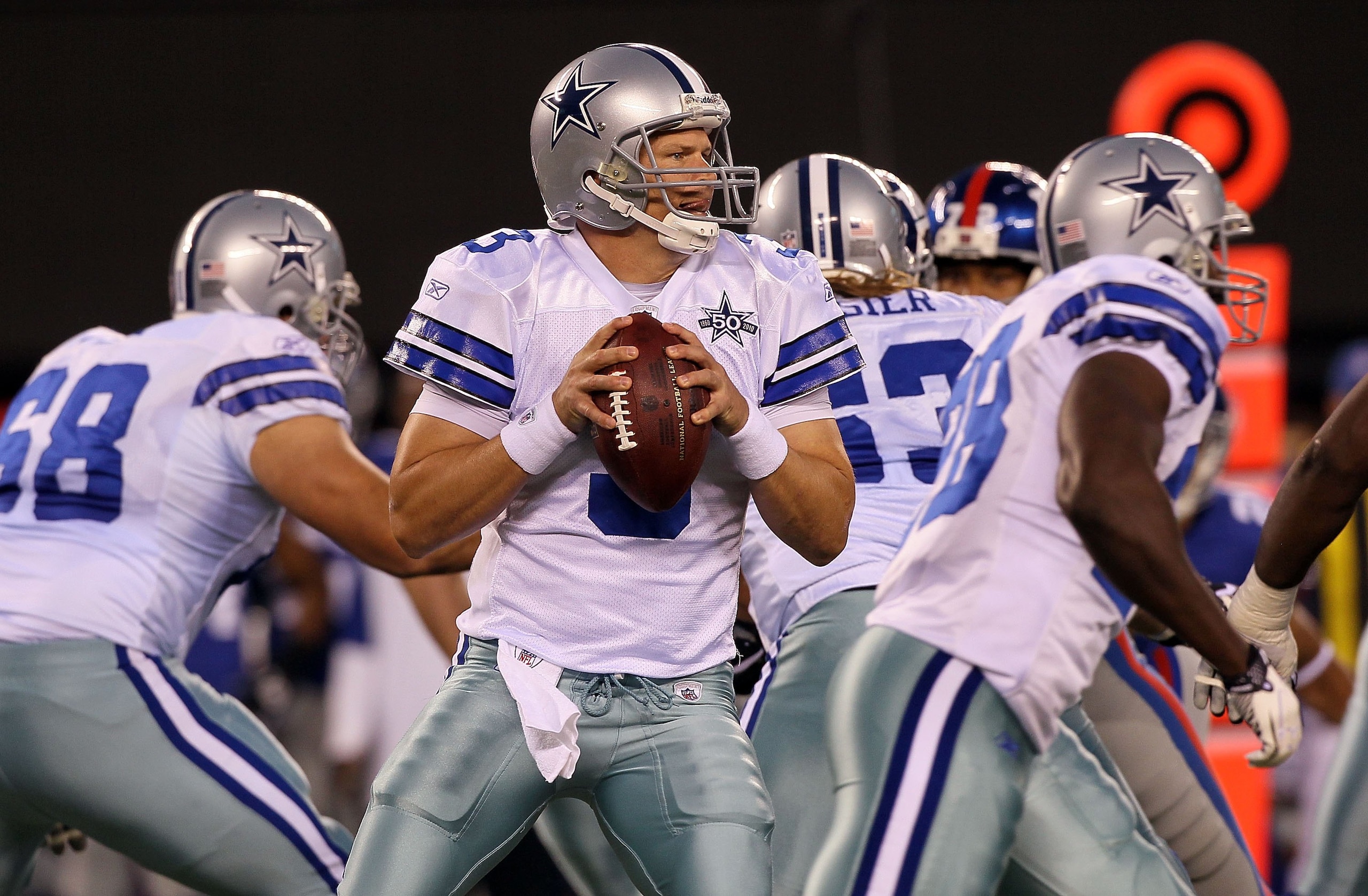 EAST RUTHERFORD, NJ - NOVEMBER 14:  Jon Kitna #3 of the Dallas Cowboys in action against the New York Giants on November 14, 2010 at the New Meadowlands Stadium in East Rutherford, New Jersey. The Cowboys defeated the Giants 33-20.  (Photo by Jim McIsaac/