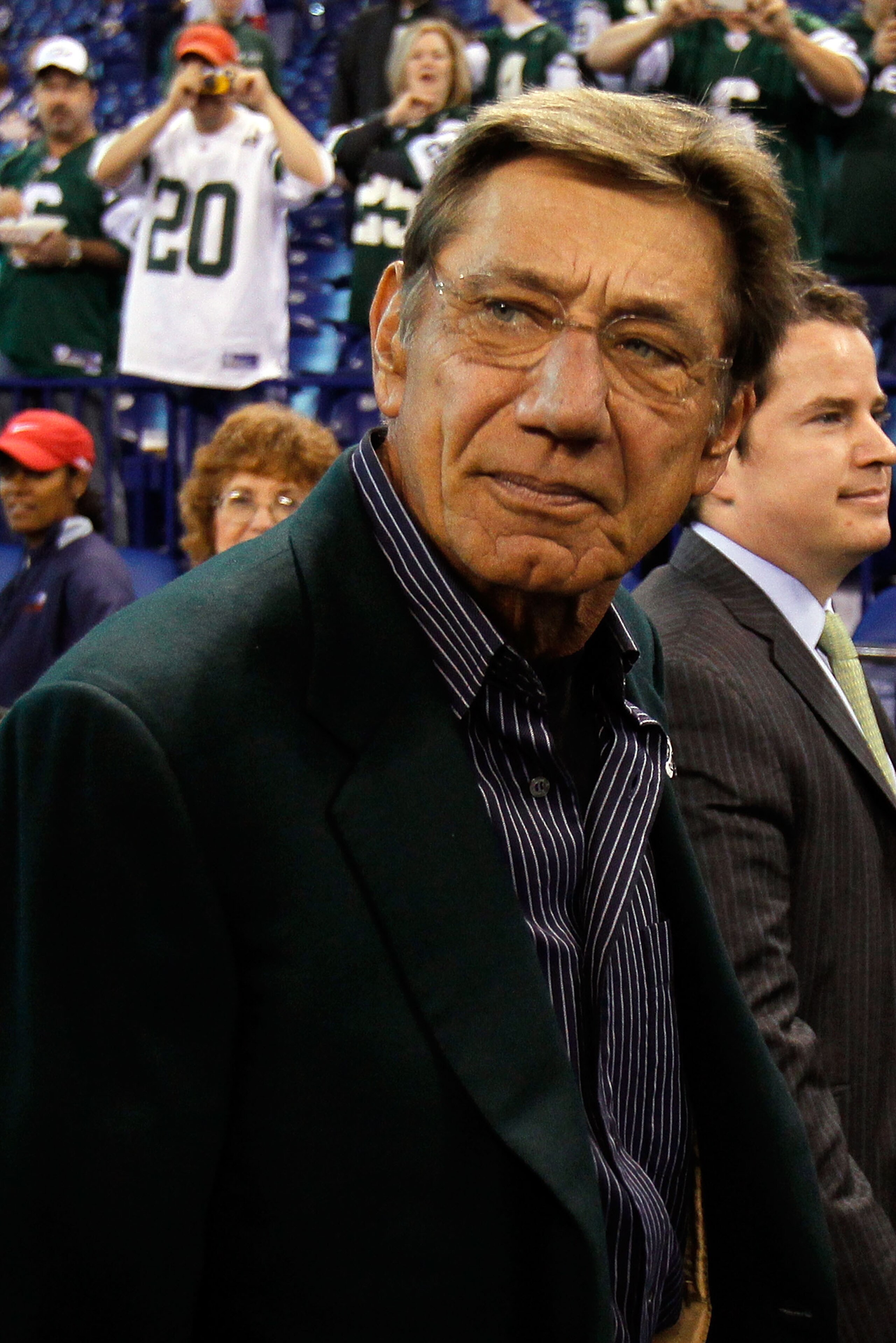 INDIANAPOLIS - JANUARY 24: Joe Namath, former Jets quarterback, looks on from the sidelines before the New York Jets take on the Indianapolis Colts during the AFC Championship Game at Lucas Oil Stadium on January 24, 2010 in Indianapolis, Indiana. (Pho INDIANAPOLIS - JANUARY 24: Joe Namath, former Jets quarterback, looks on from the sidelines before the New York Jets take on the Indianapolis Colts during the AFC Championship Game at Lucas Oil Stadium on January 24, 2010 in Indianapolis, Indiana. (Pho