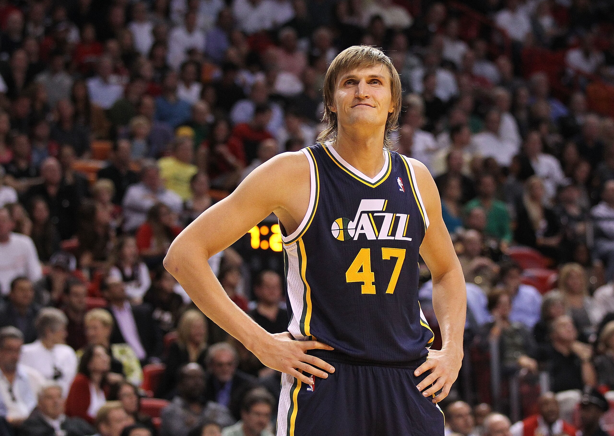 MIAMI - NOVEMBER 09: Andrei Kirilenko #47 of the Utah Jazz waits during a foul shot during a game agsinst the Miami Heat at American Airlines Arena on November 9, 2010 in Miami, Florida. NOTE TO USER: User expressly acknowledges and agrees that, by downl MIAMI - NOVEMBER 09: Andrei Kirilenko #47 of the Utah Jazz waits during a foul shot during a game agsinst the Miami Heat at American Airlines Arena on November 9, 2010 in Miami, Florida. NOTE TO USER: User expressly acknowledges and agrees that, by downl