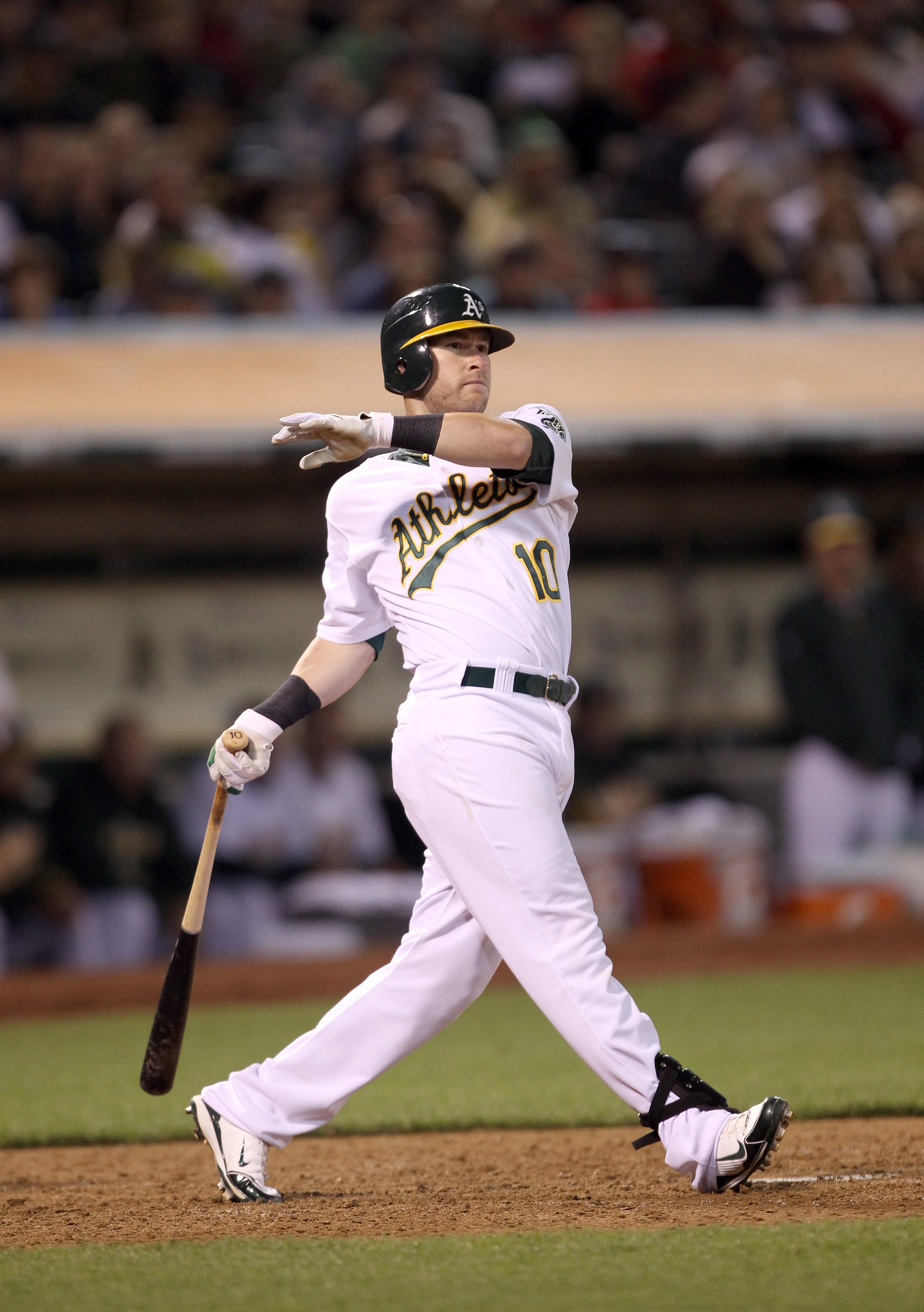 OAKLAND, CA - JULY 19:  Daric Barton #10 of the Oakland Athletics bats against the Boston Red Sox at the Oakland-Alameda County Coliseum  on July 19, 2010 in Oakland, California.  (Photo by Ezra Shaw/Getty Images)