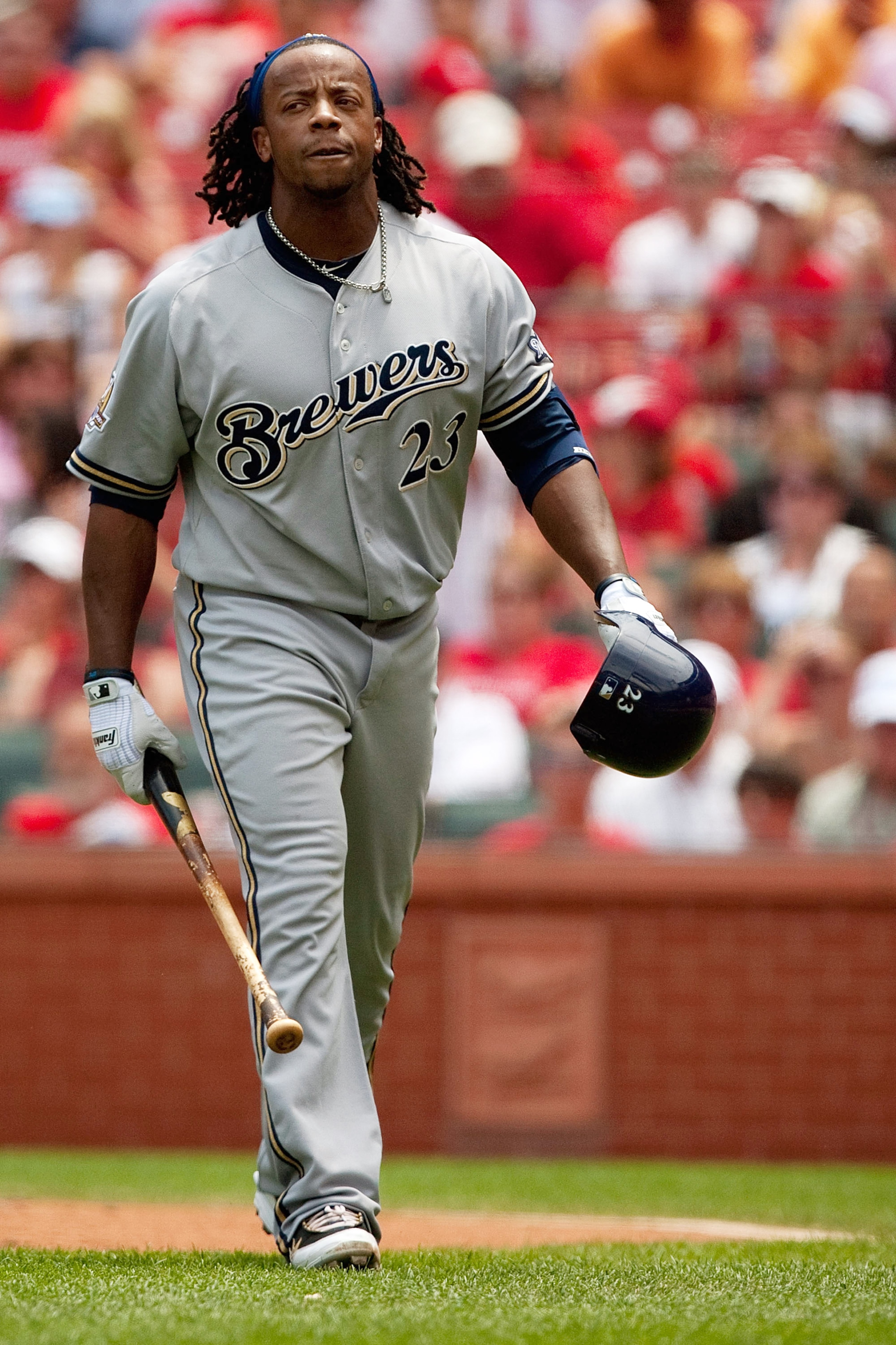 ST. LOUIS - JULY 4: Rickie Weeks #23 of the Milwaukee Brewers leaves the field after being thrown out of the game against the St. Louis Cardinals at Busch Stadium on July 4, 2010 in St. Louis, Missouri.  The Cardinals beat the Brewers 7-1.  (Photo by Dili