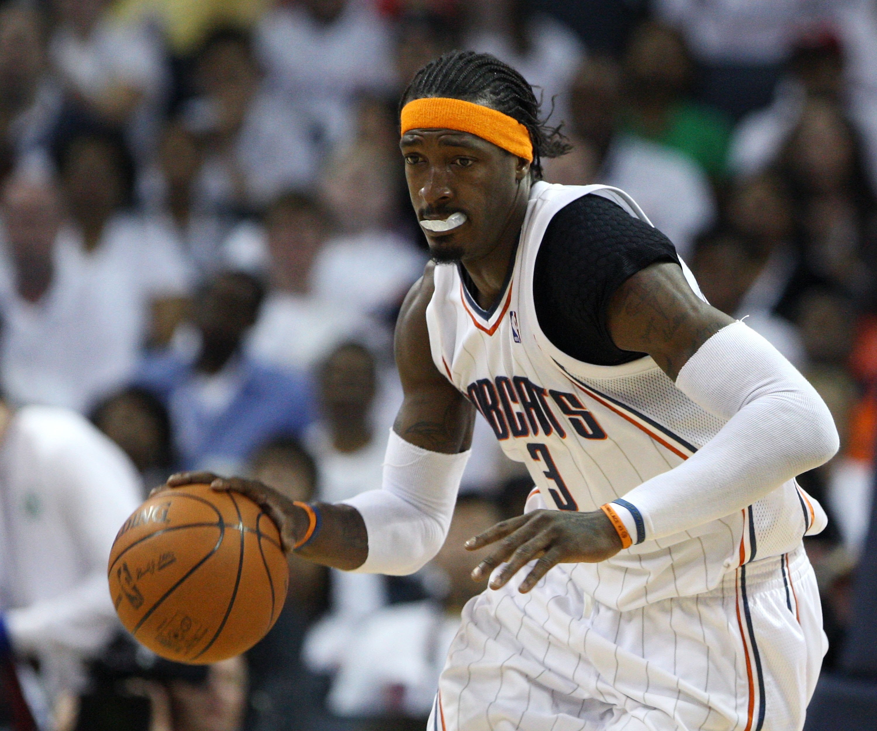 CHARLOTTE - APRIL 24:  Forward Gerald Wallace #3 of the Charlotte Bobcats dribbles with the ball during Game Three of the Eastern Conference Quarterfinals against the Orlando Magic during the 2010 NBA Playoffs at Time Warner Cable Arena on April 24, 2010