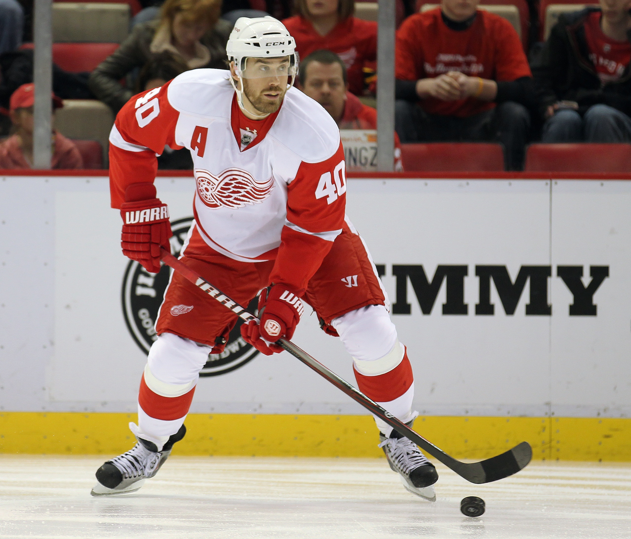 DETROIT, MI - JANUARY 22: Henrik Zetterberg #40 of the Detroit Red Wings handles the puck in a game against the Chicago Black Hawks on January 22, 2011 at the Joe Louis Arena in Detroit, Michigan. The Hawks defeated the Wings 4-1. (Photo by Claus Anderse DETROIT, MI - JANUARY 22: Henrik Zetterberg #40 of the Detroit Red Wings handles the puck in a game against the Chicago Black Hawks on January 22, 2011 at the Joe Louis Arena in Detroit, Michigan. The Hawks defeated the Wings 4-1. (Photo by Claus Anderse