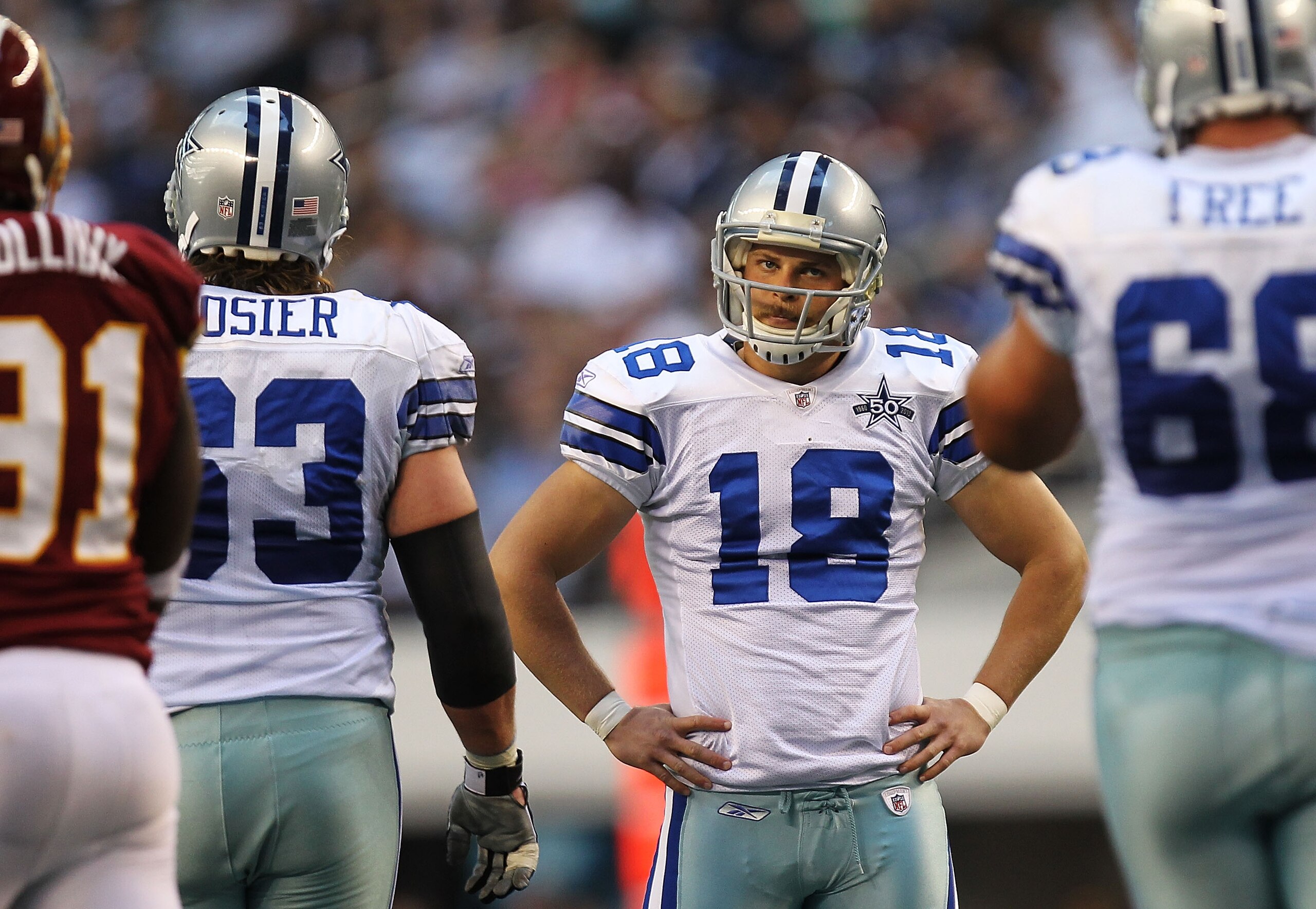 ARLINGTON, TX - DECEMBER 19:  Kicker David Buehler #18 of the Dallas Cowboys reacts after missing a field goal in the second quarter against the Washington Redskins at Cowboys Stadium on December 19, 2010 in Arlington, Texas.  (Photo by Ronald Martinez/Ge