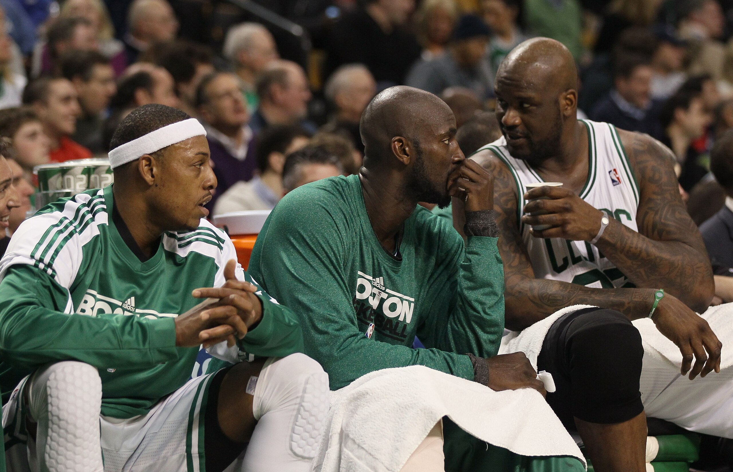 BOSTON, MA - JANUARY 17:  Paul Pierce #34, Kevin Garnett #5 and Shaquille O'Neal #36 of the Boston Celtics talk on the bench in the first quarter against the Orlando Magic on January 17, 2011 at the TD Garden in Boston, Massachusetts.  NOTE TO USER: User