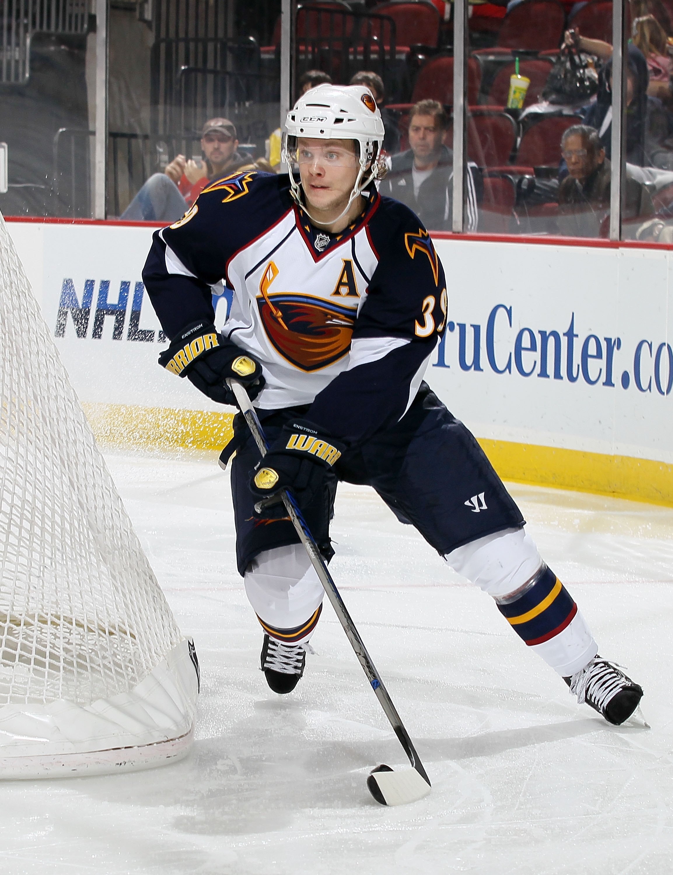 NEWARK, NJ - DECEMBER 31:  Tobias Enstrom #39 of the Atlanta Thrashers skates against the New Jersey Devils at the Prudential Center on December 31, 2010 in Newark, New Jersey. The Devils defeated the Thrashers 3-1.  (Photo by Jim McIsaac/Getty Images)