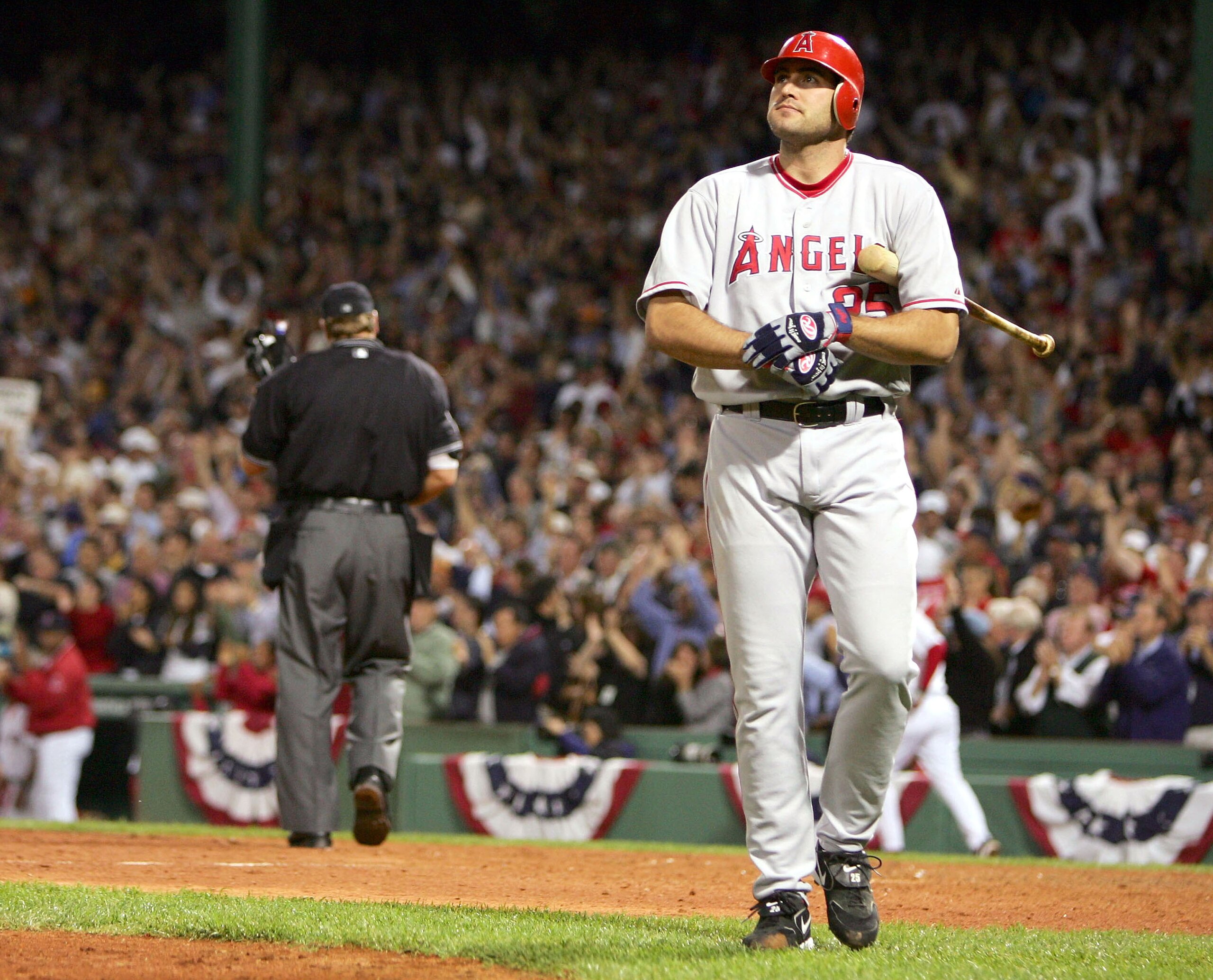 BOSTON - OCTOBER 8:  Troy Glaus #25 of the Anaheim Angels strikes out in the 9th inning against the Boston Red Sox during Game 3 of the American League Division Series October 8, 2004 at Fenway Park in Boston, Massachusetts.  (Photo by Ezra Shaw/Getty Ima