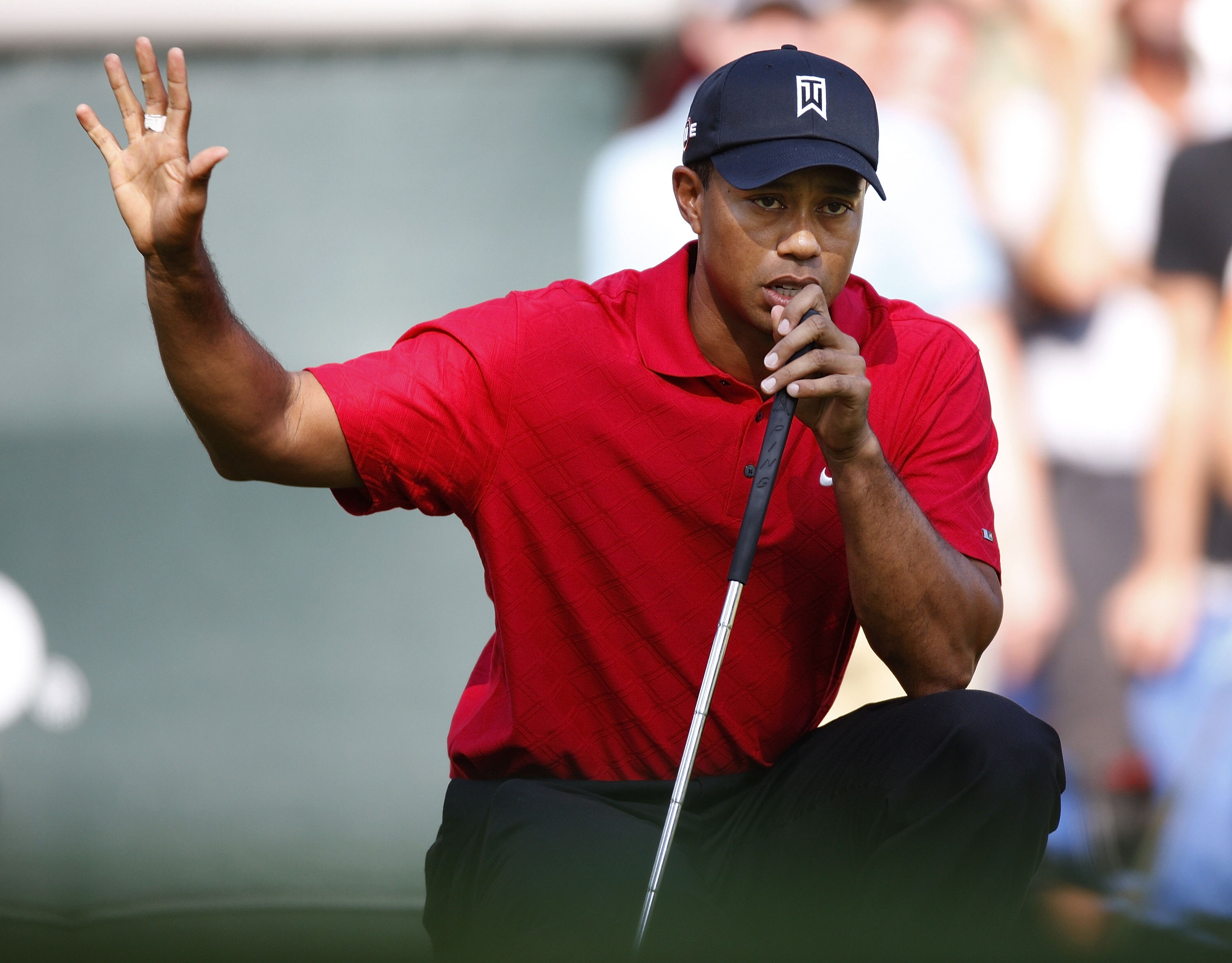 GRAND BLANC, MI - AUGUST 02:  Tiger Woods asks the fans to quiet down on the 17th green during the final round of the Buick Open at Warwick Hills Golf and Country Club on August 2, 2009 in Grand Blanc, Michigan. Woods won the tournament with a final score