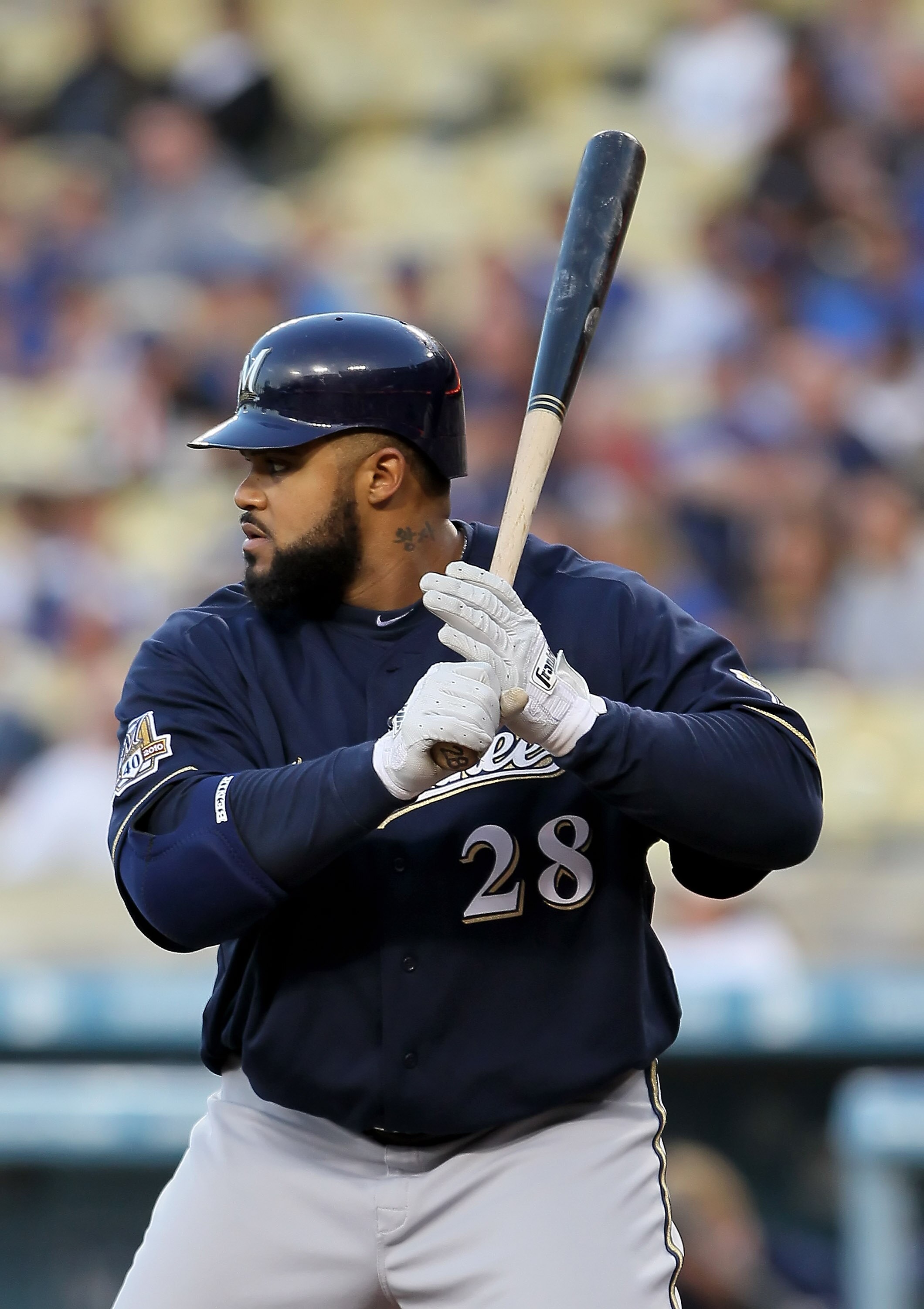 LOS ANGELES, CA - MAY 06:  Prince Fielder #28 of the Milwaukee Brewers bats in the first inning against the Los Angeles Dodgers at Dodger Stadium on May 6, 2010 in Los Angeles, California.  The Dodgers defeated the Brewers 7-3.  (Photo by Jeff Gross/Getty
