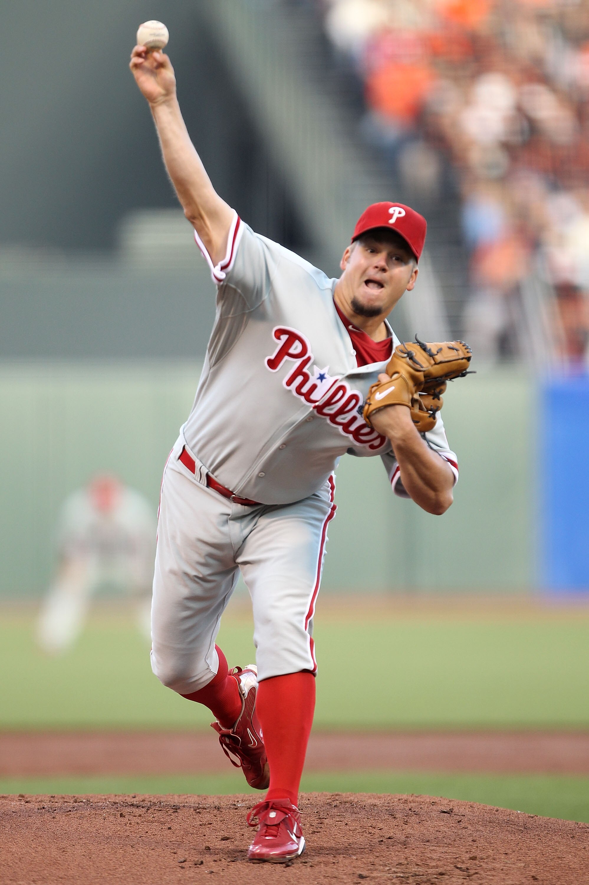 SAN FRANCISCO - OCTOBER 20:  Joe Blanton #56 of the Philadelphia Phillies throws a pitch in the first inning of Game Four of the NLCS against the San Francisco Giants during the 2010 MLB Playoffs at AT&T Park on October 20, 2010 in San Francisco, Californ