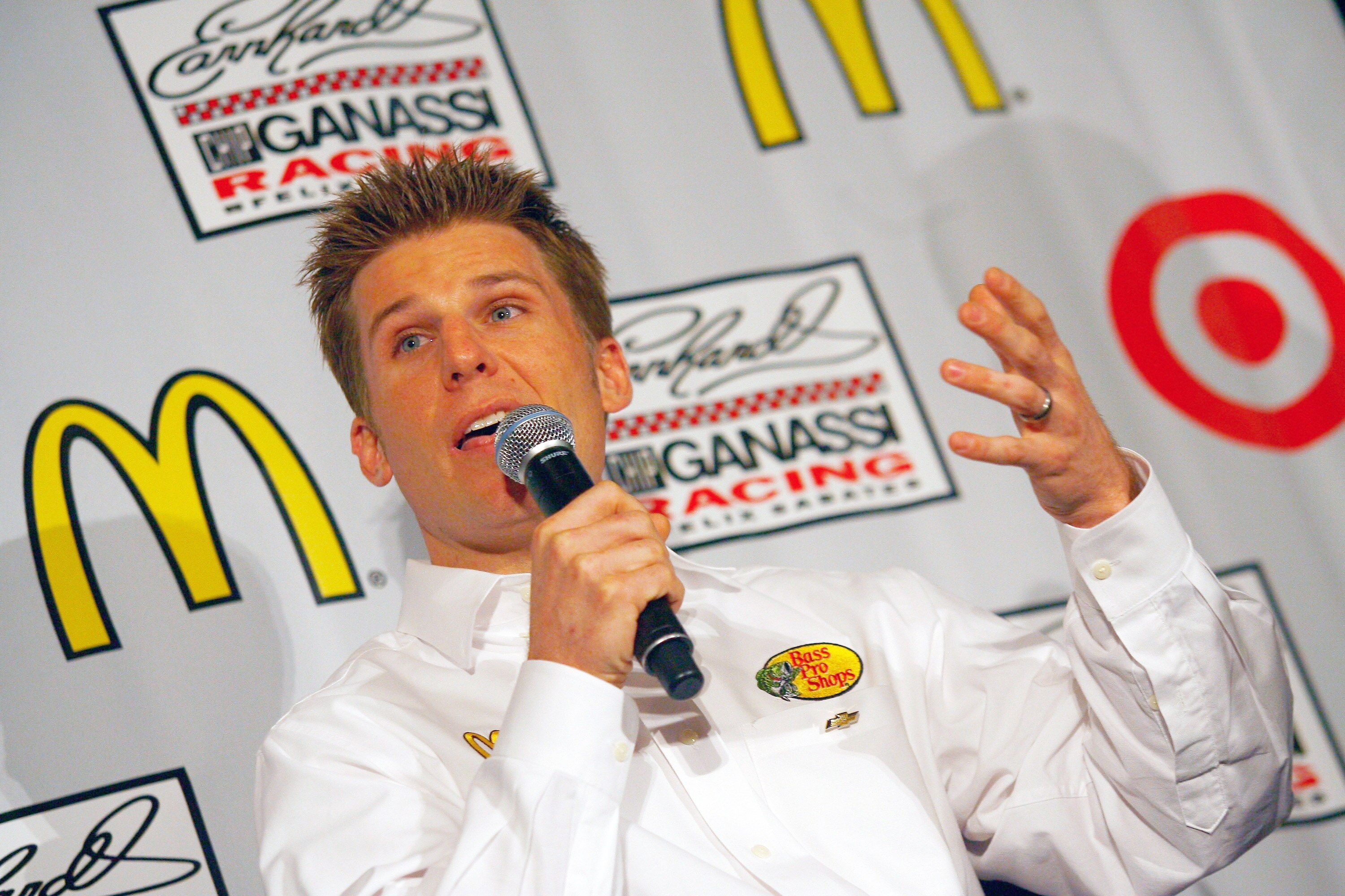 CHARLOTTE, NC - JANUARY 24: Jamie McMurray, driver of the #1 McDonald's Chevrolet, speaks to the media during the NASCAR Sprint Media Tour hosted by Charlotte Motor Speedway, held at Hilton University on January 24, 2011 in Charlotte, North Carolina. (Pho