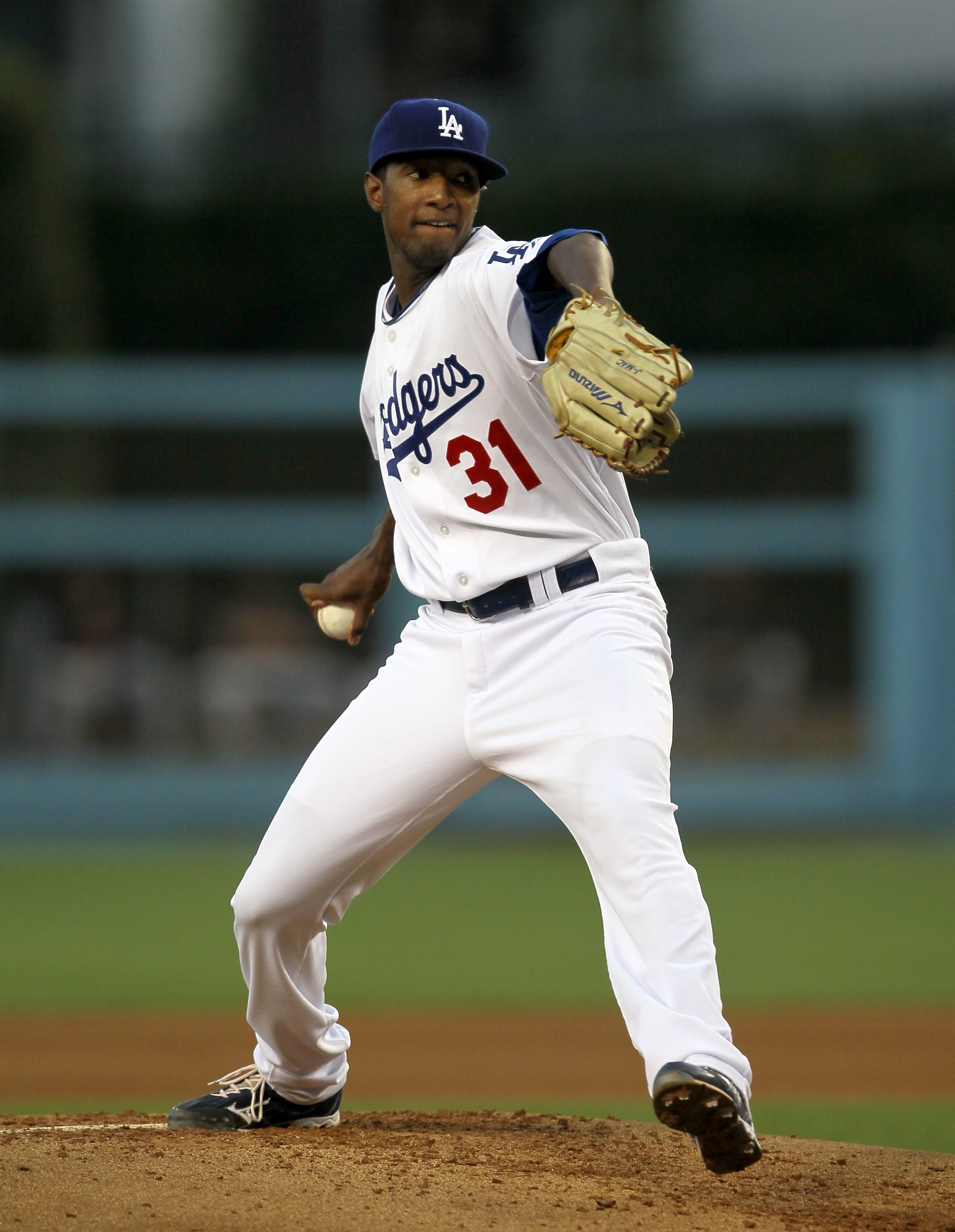 LOS ANGELES, CA - JULY 19:  Pitcher James McDonald #31 of the Los Angeles Dodgers throws a pitch against the San Francisco Giants on July 19, 2010 at Dodger Stadium in Los Angeles, California.  (Photo by Stephen Dunn/Getty Images)