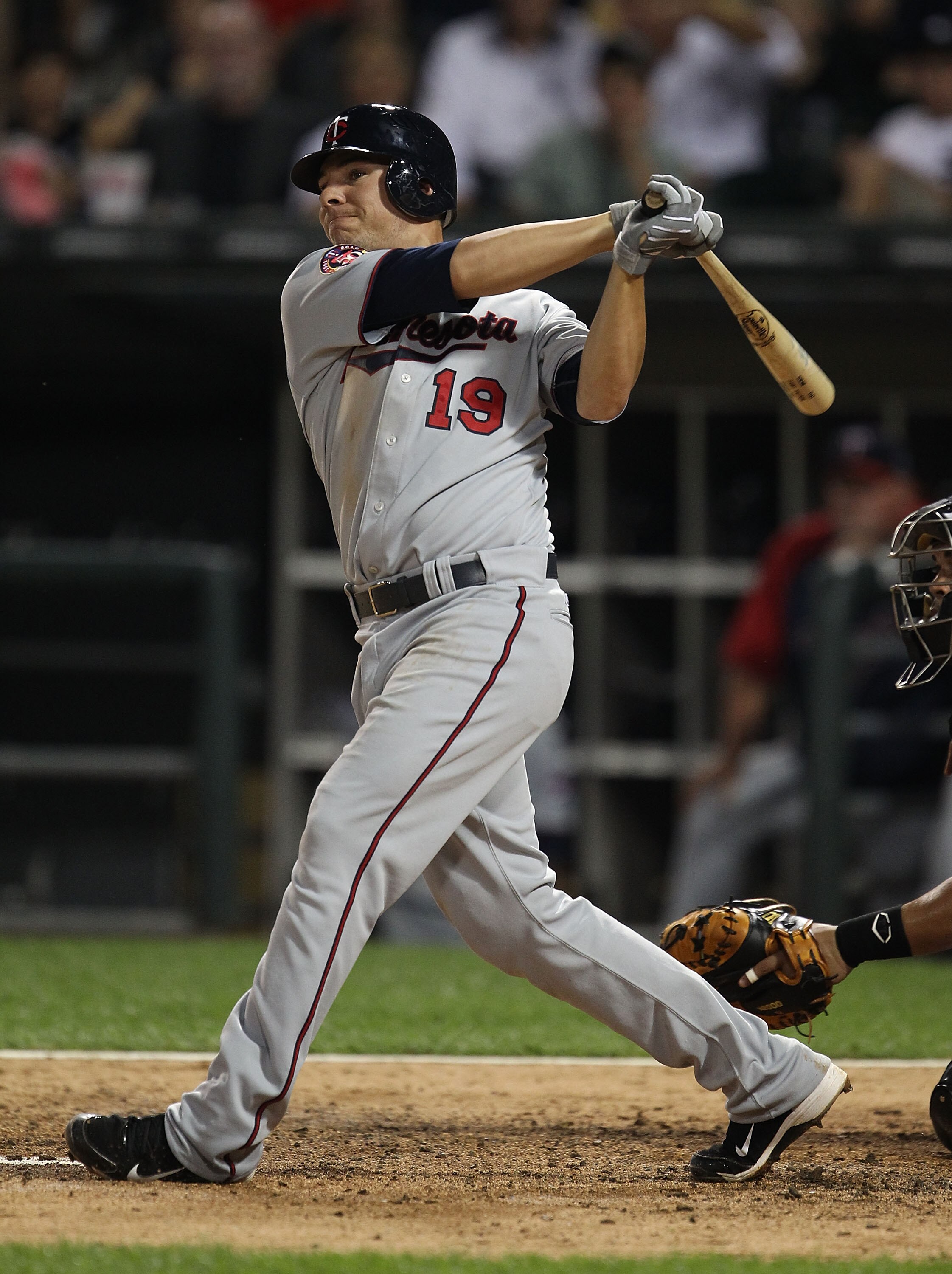 CHICAGO - AUGUST 10: Danny Valencia #19 of the Minnesota Twins takes a swing against the Chicago White Sox at U.S. Cellular Field on August 10, 2010 in Chicago, Illinois. The Twins defeated the White Sox 12-6. (Photo by Jonathan Daniel/Getty Images)