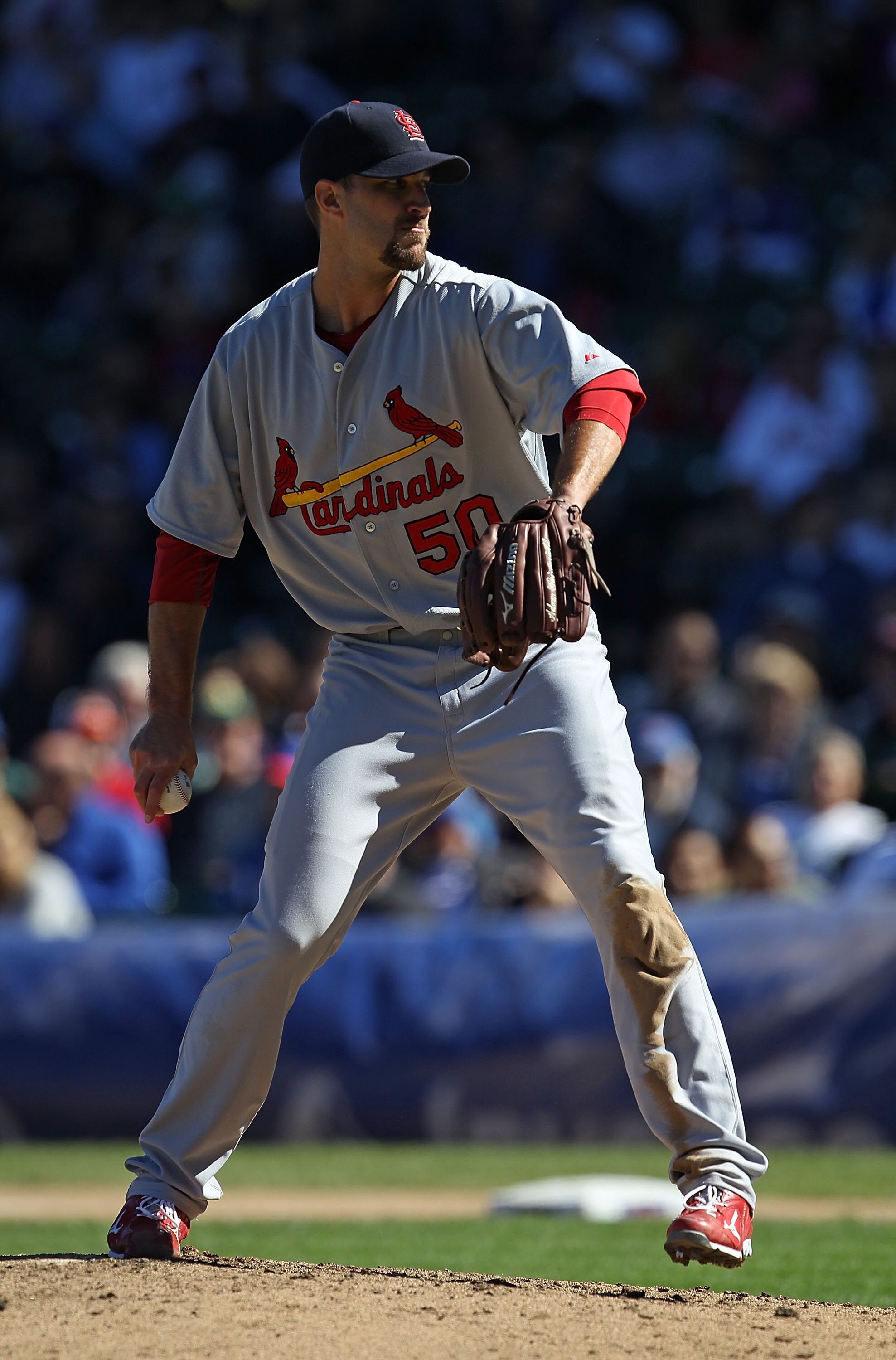 CHICAGO - SEPTEMBER 24: Starting pitcher Adam Wainwright #50 of the St. Louis Cardinals pitches his way to his 20th win of the season against the Chicago Cubs at Wrigley Field on September 24, 2010 in Chicago, Illinois. The Cardinals defeated the Cubs 7-1
