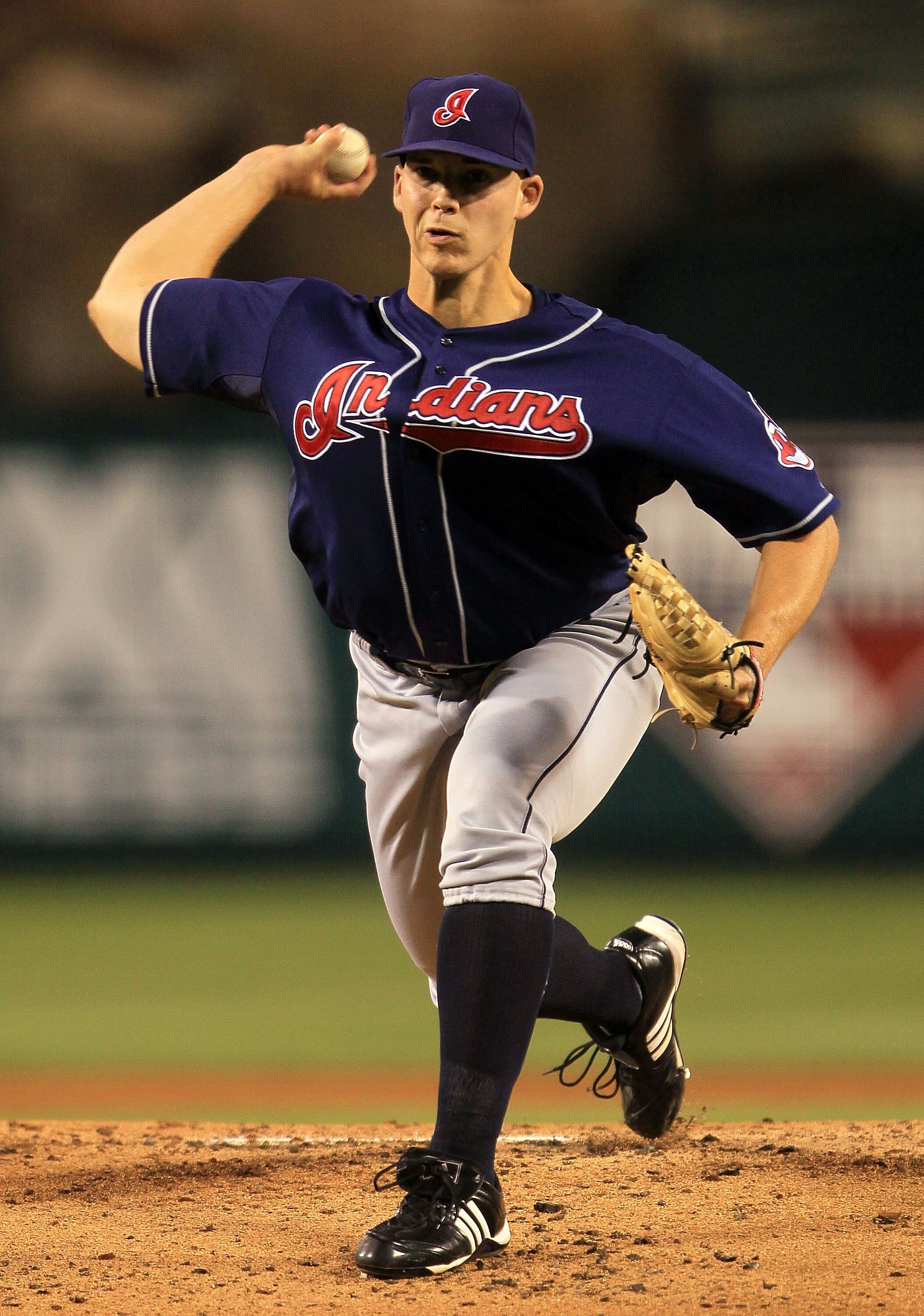 ANAHEIM, CA - SEPTEMBER 07:  Justin Masterson #63 of the Cleveland Indians pitches against the Los Angeles Angels of Anaheim in the game at Angel Stadium on September 7, 2010 in Anaheim, California.  (Photo by Jeff Gross/Getty Images)