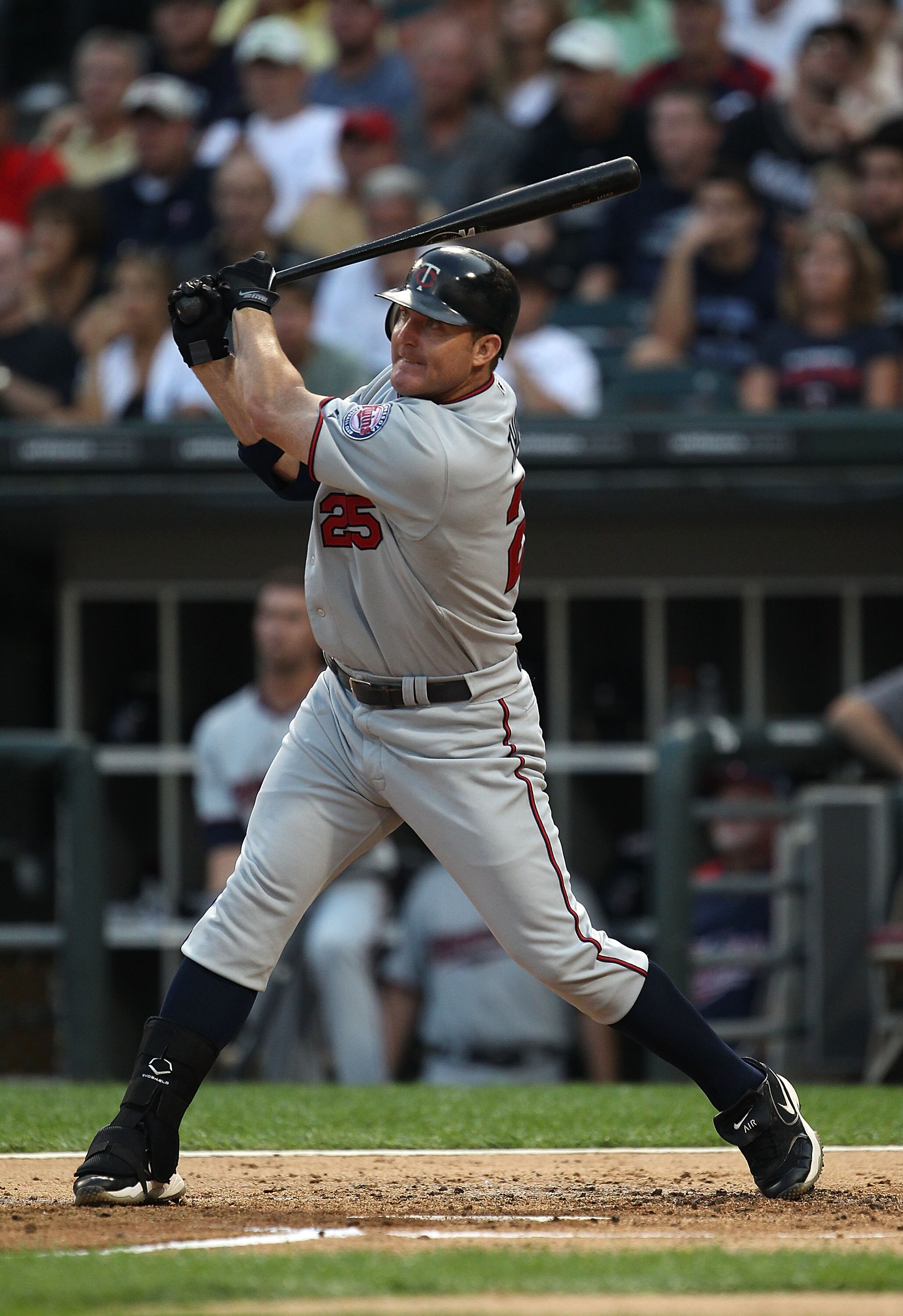 CHICAGO - AUGUST 10: Jim Thome #25 of the Minnesota Twins hits the first pitch he sees of the game for a home run against the Chicago White Sox at U.S. Cellular Field on August 10, 2010 in Chicago, Illinois. (Photo by Jonathan Daniel/Getty Images)