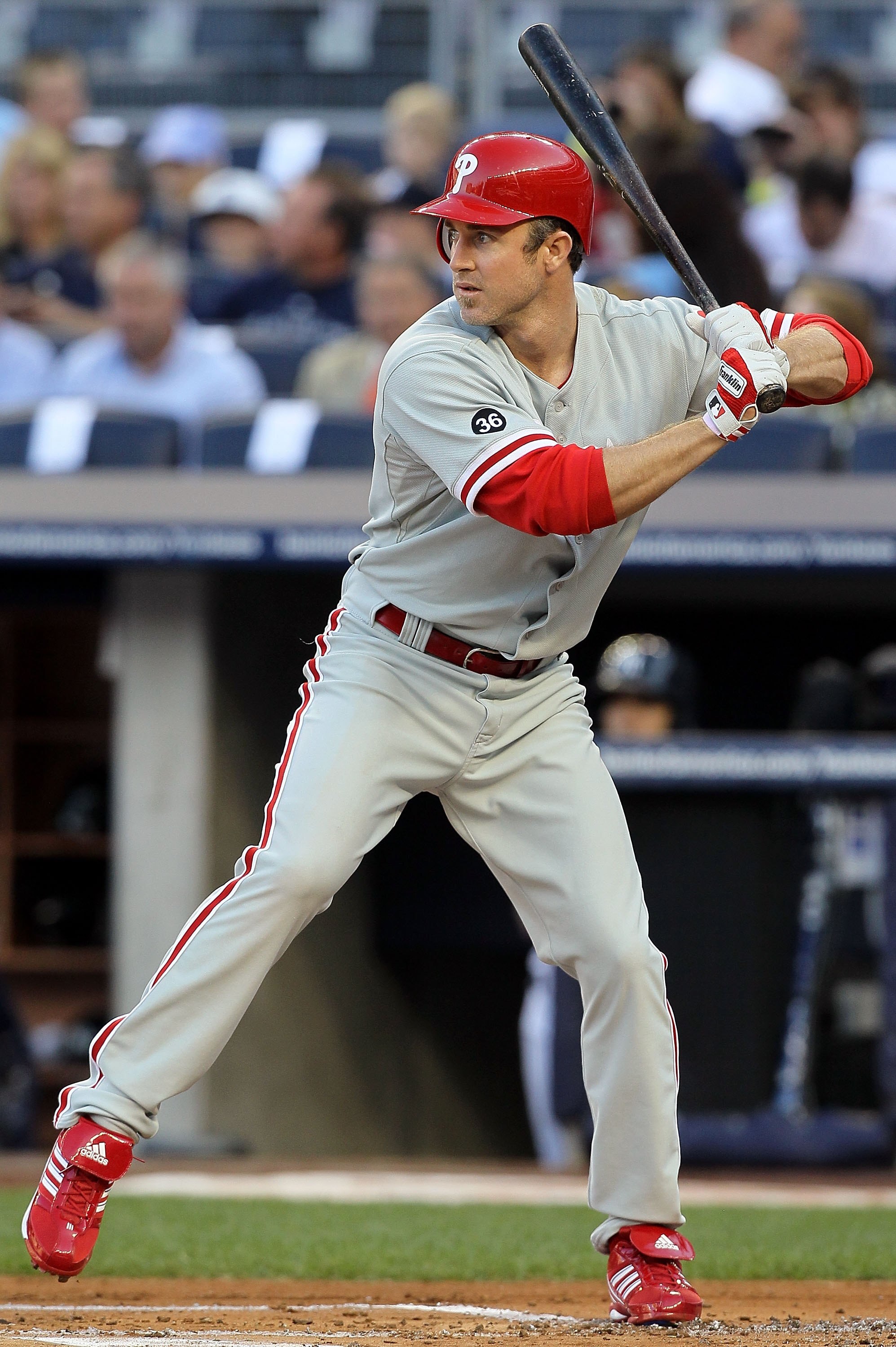 NEW YORK - JUNE 15:  Chase Utley #26 of the Philadelphia Phillies bats against the New York Yankees on June 15, 2010 at Yankee Stadium in the Bronx borough of New York City.  (Photo by Jim McIsaac/Getty Images)