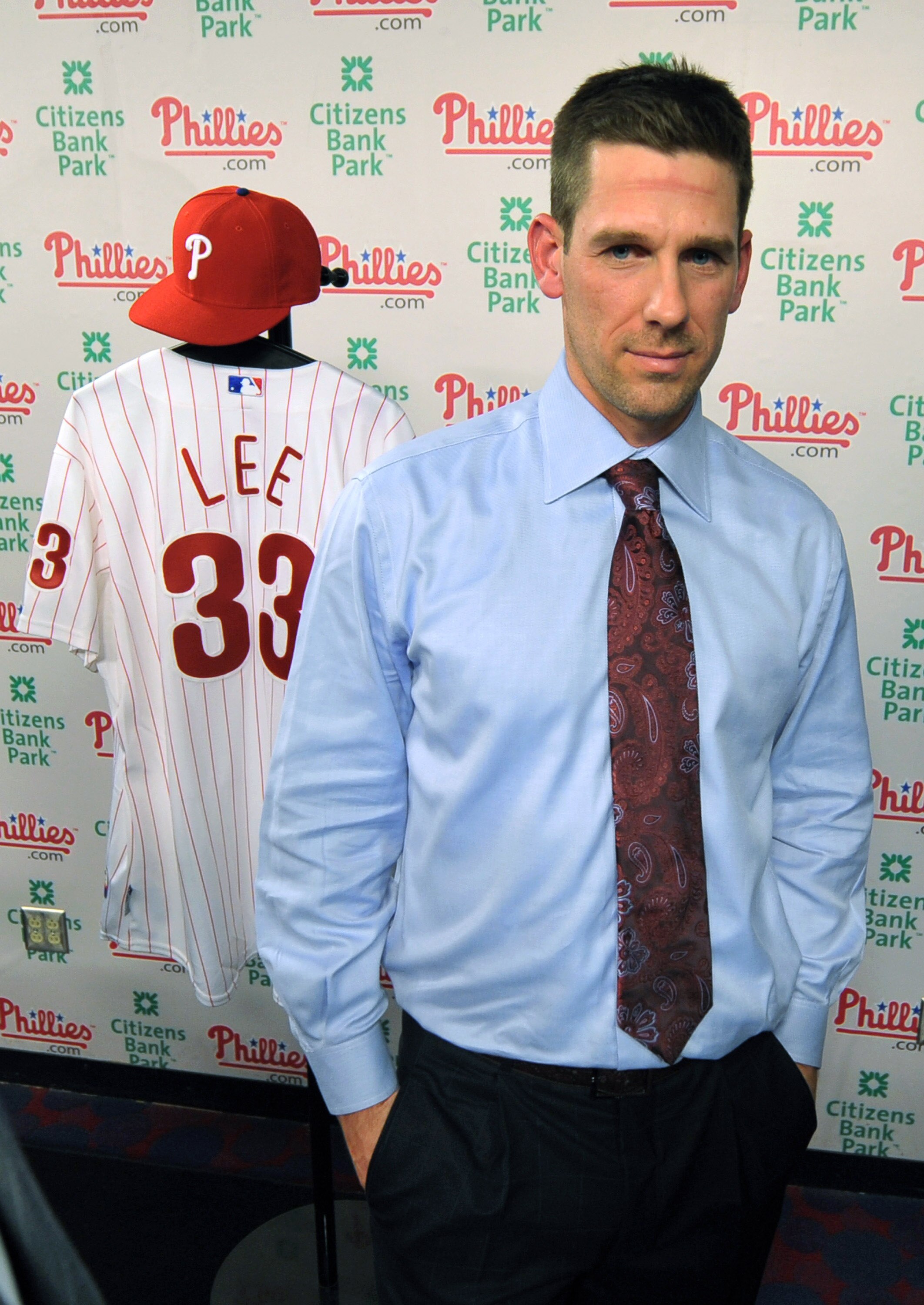 PHILADELPHIA - DECEMBER 15: Pitcher Cliff Lee #33 of the Philadelphia Phillies waits to be interviewed after being introduced to the media during a press conference at Citizens Bank Park on December 15, 2010 in Philadelphia, Pennsylvania. (Photo by Drew H