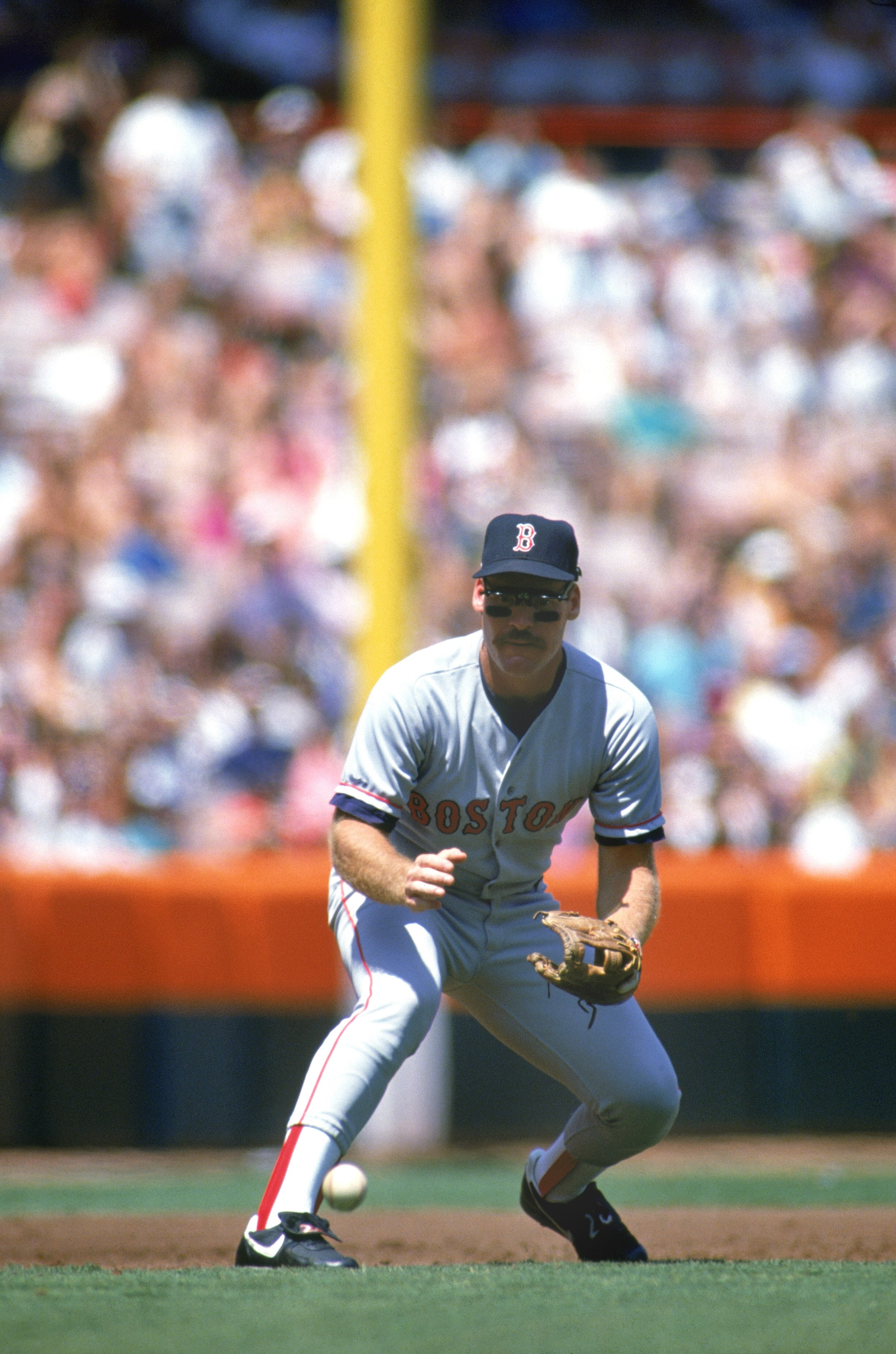 ANAHEIM, CA - 1991:  Wade Boggs #26 of the Boston Red Sox readies to field the ball during a game against the California Angels in 1991 at Anaheim Stadium in Anaheim, California.  (Photo by: Ken Levine/Gettyimages)