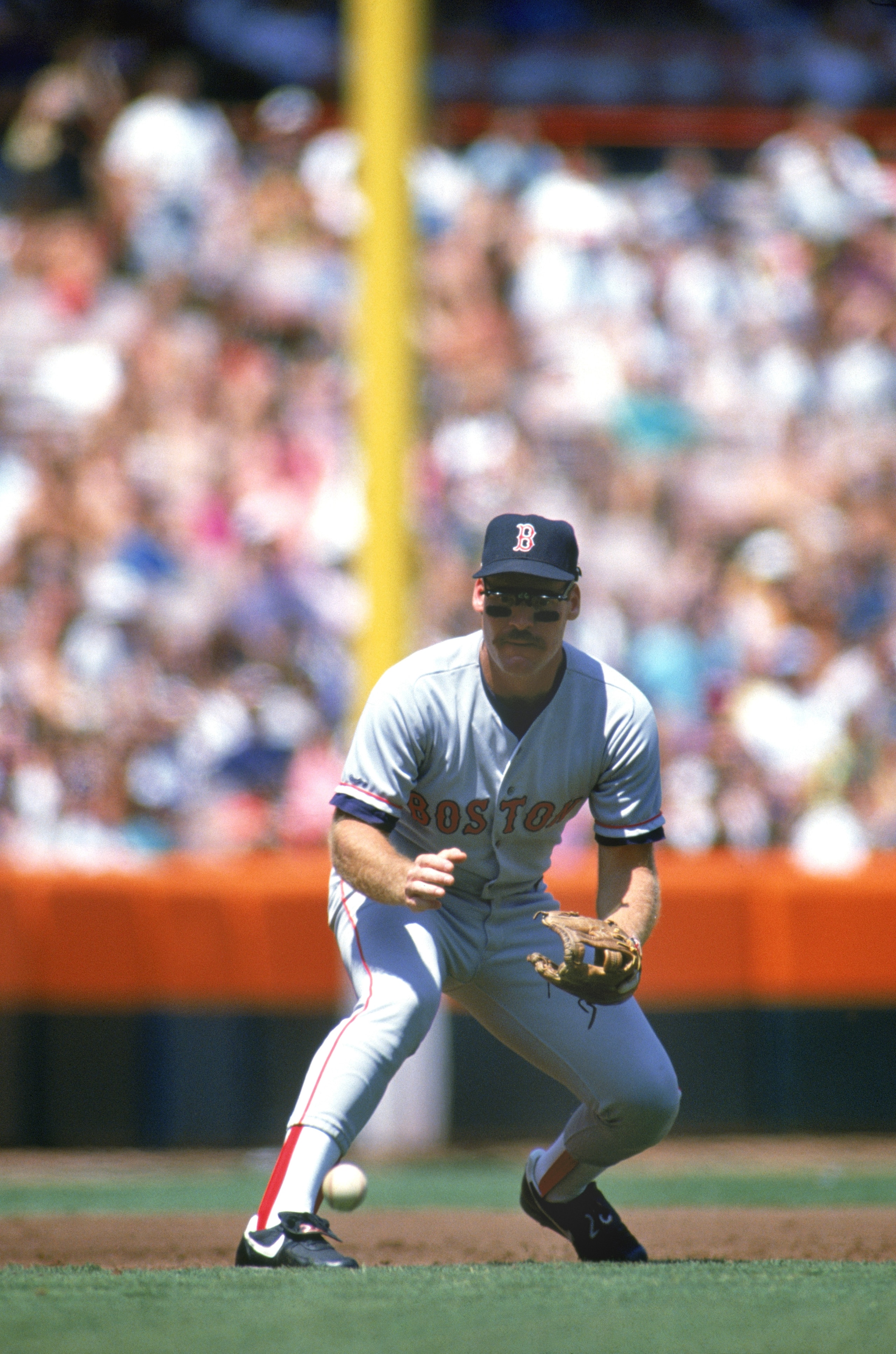 ANAHEIM, CA - 1991:  Wade Boggs #26 of the Boston Red Sox readies to field the ball during a game against the California Angels in 1991 at Anaheim Stadium in Anaheim, California.  (Photo by: Ken Levine/Gettyimages)