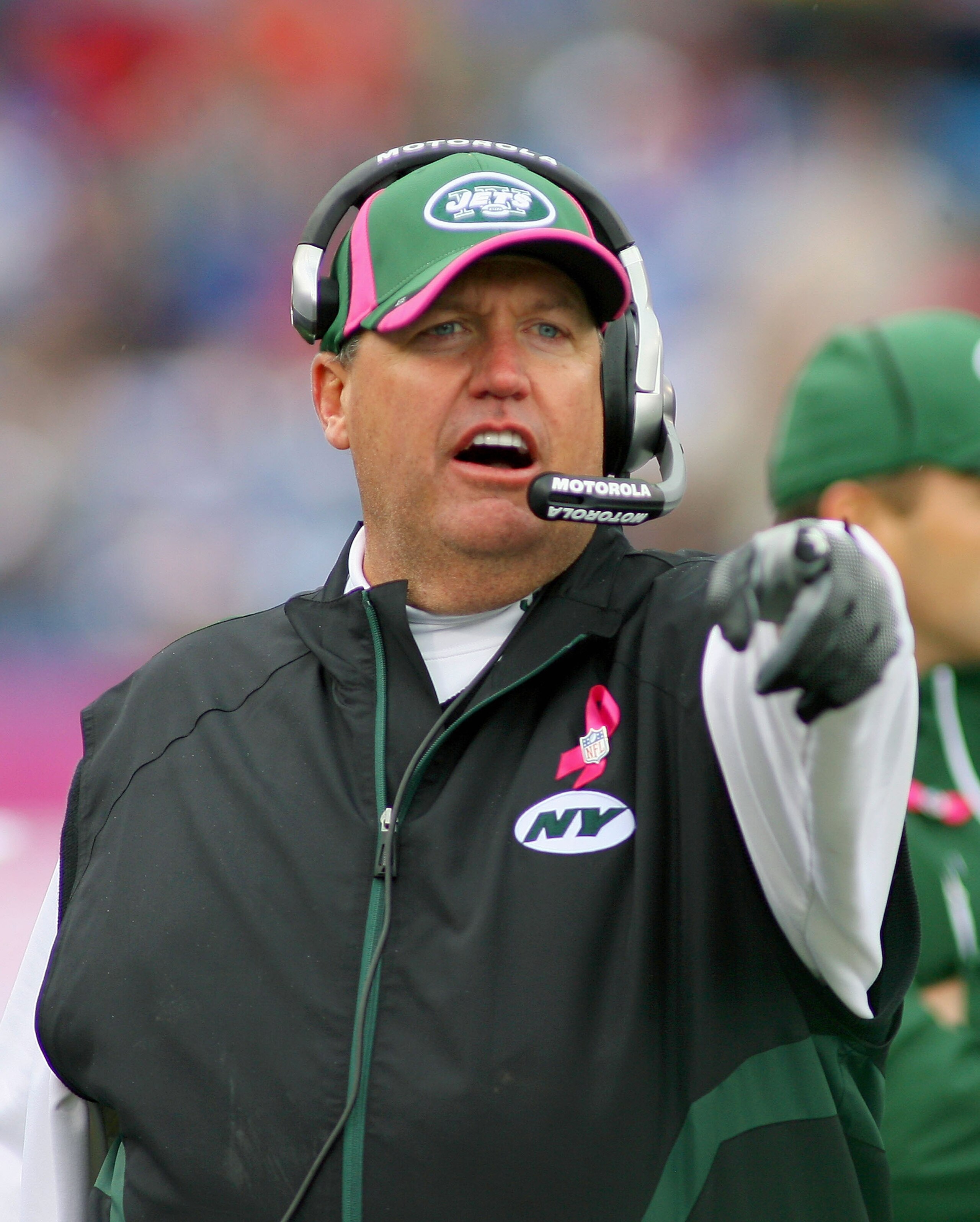 ORCHARD PARK, NY - OCTOBER 03: Rex Ryan, head coach of the New York Jets points on the sidelines against the Buffalo Bills at Ralph Wilson Stadium on October 3, 2010 in Orchard Park, New York. The Jets won 38-14. (Photo by Rick Stewart/Getty Images) ORCHARD PARK, NY - OCTOBER 03: Rex Ryan, head coach of the New York Jets points on the sidelines against the Buffalo Bills at Ralph Wilson Stadium on October 3, 2010 in Orchard Park, New York. The Jets won 38-14. (Photo by Rick Stewart/Getty Images)