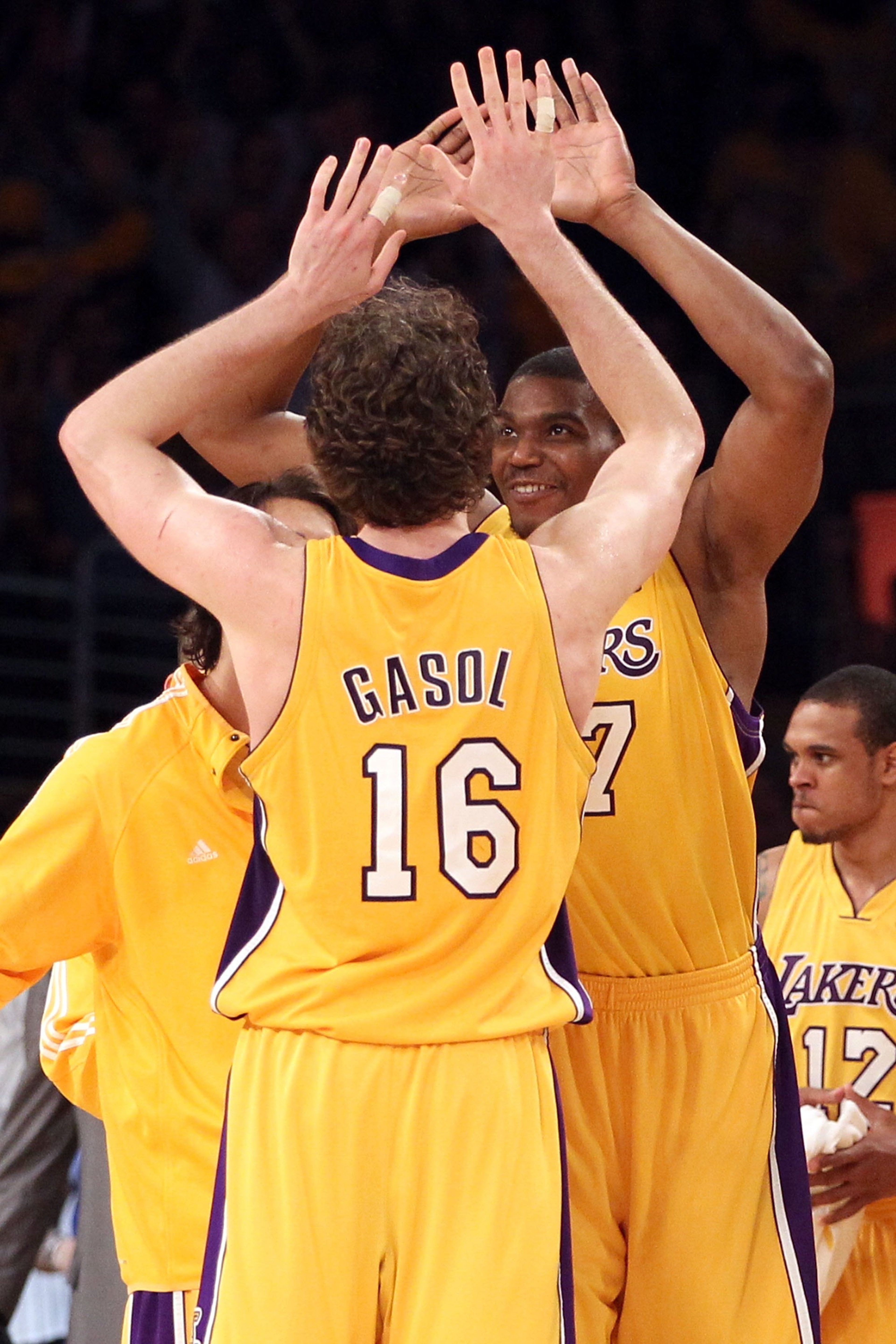 LOS ANGELES, CA - JUNE 17:  Pau Gasol #16 of the Los Angeles Lakers reacts in the second half with teammate Andrew Bynum #17 while taking on the Boston Celtics in Game Seven of the 2010 NBA Finals at Staples Center on June 17, 2010 in Los Angeles, Califor