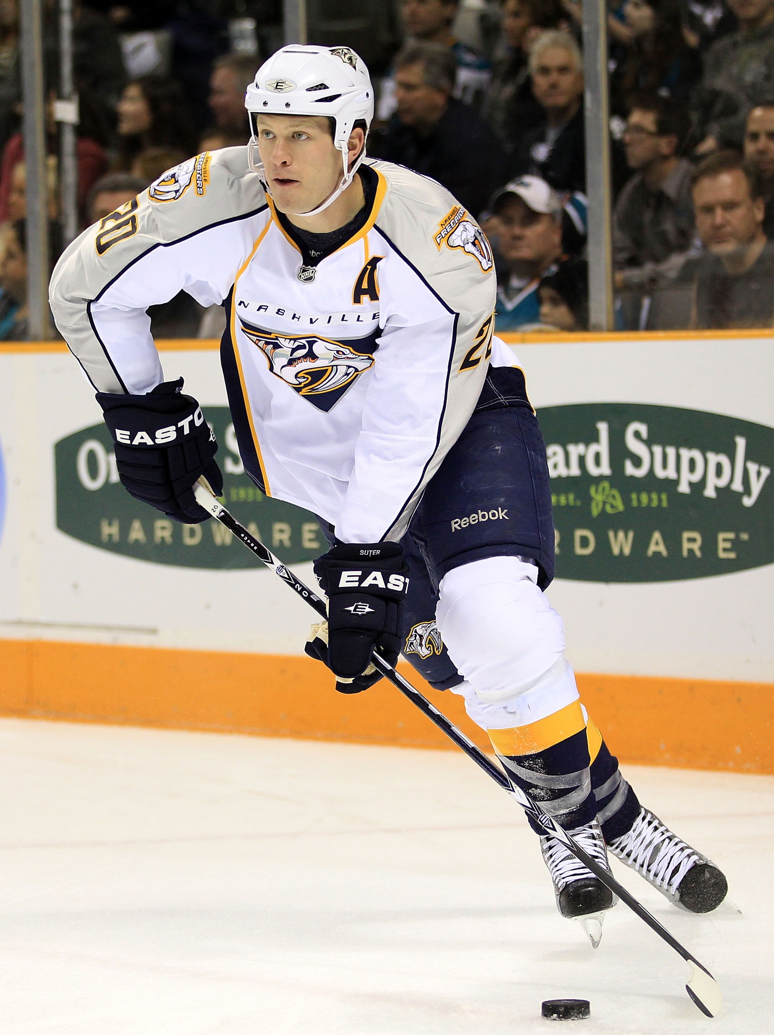SAN JOSE, CA - JANUARY 08: Ryan Suter #20 of the Nashville Predators in action against the San Jose Sharks at HP Pavilion on January 8, 2011 in San Jose, California. (Photo by Ezra Shaw/Getty Images) SAN JOSE, CA - JANUARY 08: Ryan Suter #20 of the Nashville Predators in action against the San Jose Sharks at HP Pavilion on January 8, 2011 in San Jose, California. (Photo by Ezra Shaw/Getty Images)